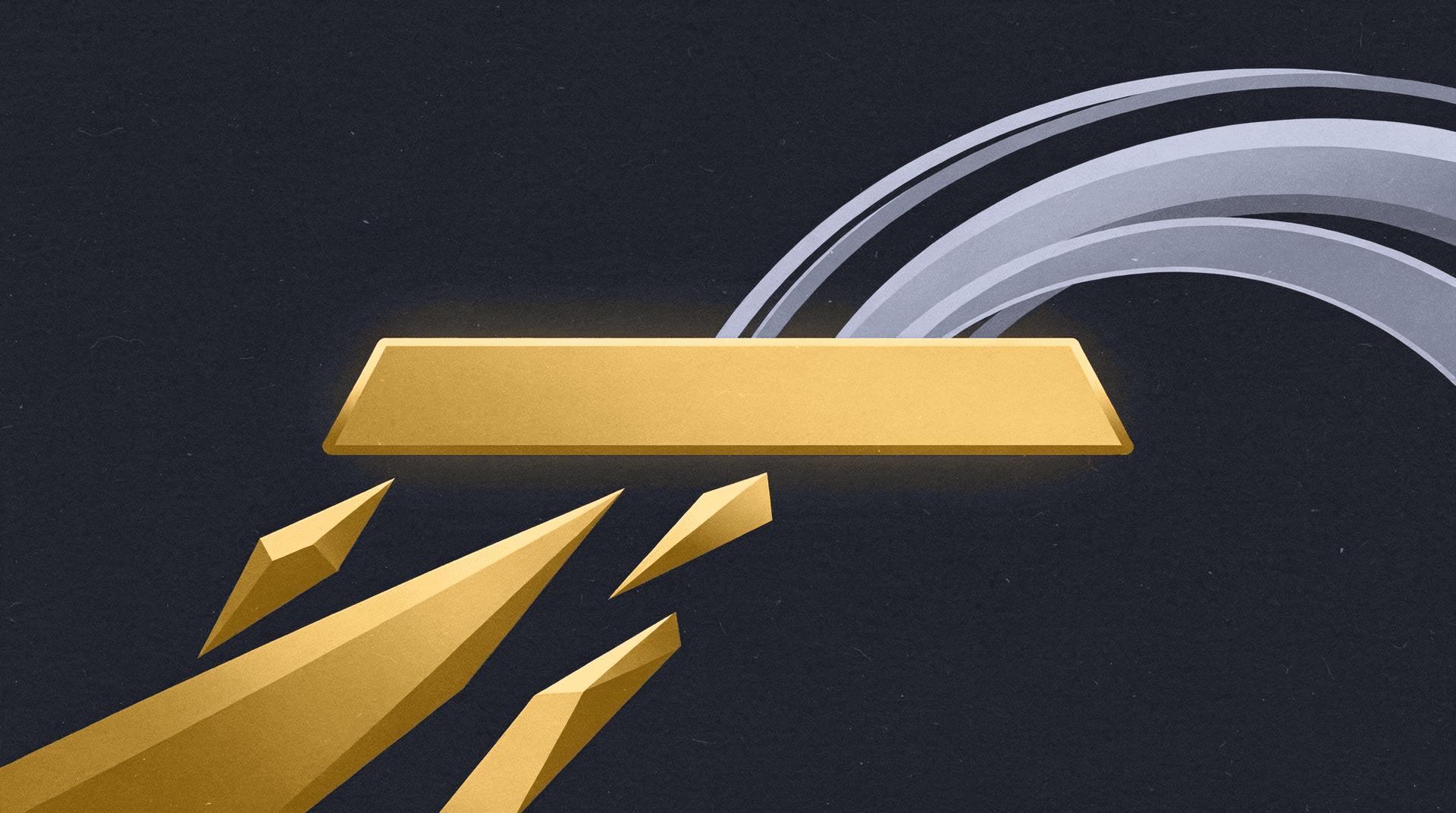 Illustration of a gold bar with three pointed gold shards moving upward from beneath it, and silver arcs above the bar.