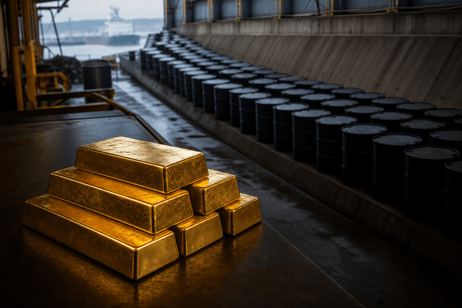 A stack of gold bars in the foreground, with rows of black oil barrels stretching into the background at a port facility.