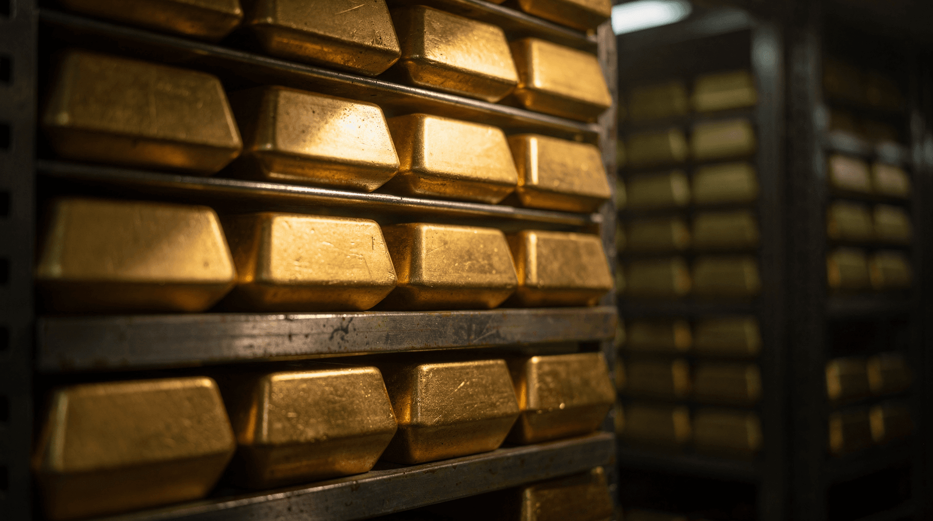 Rows of gleaming gold bars stacked on shelves in a vault or secure storage facility, extending into the background.