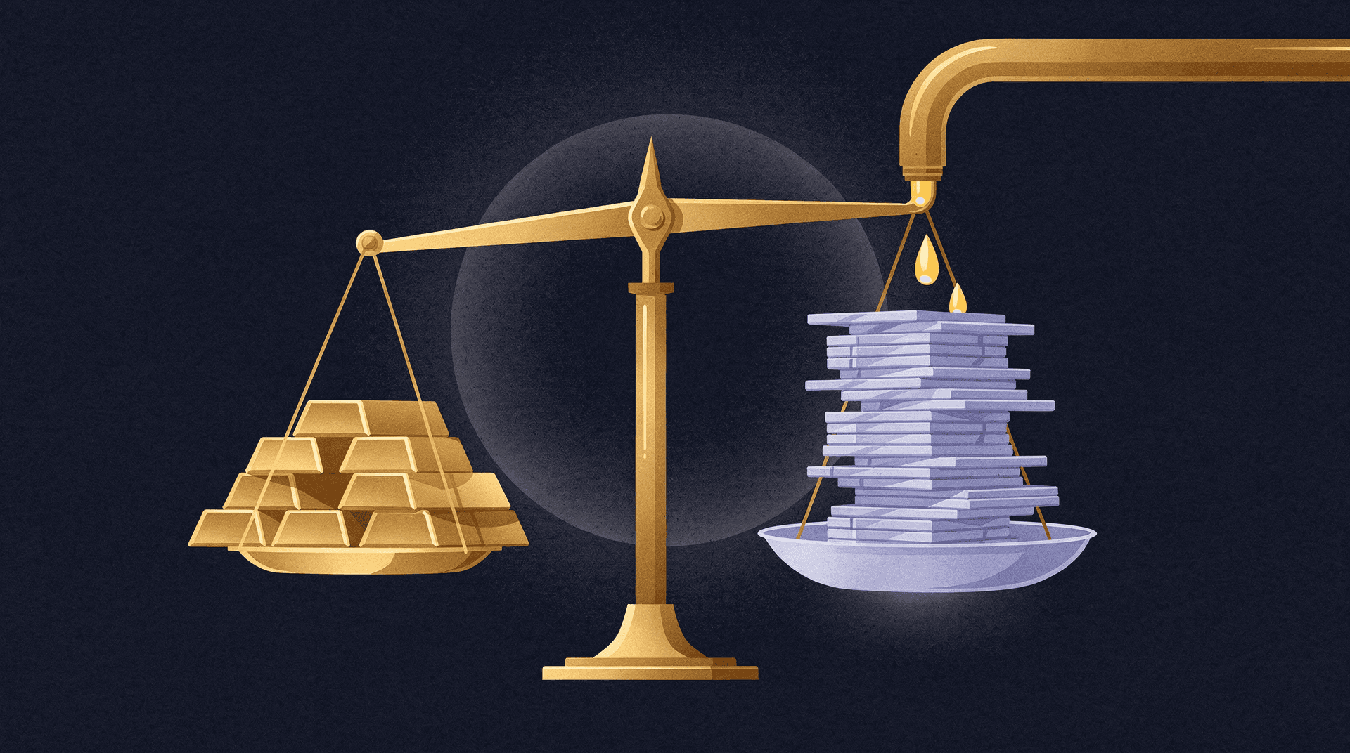 Illustration of a golden balance scale with a stack of gold bars on the left and a stack of grey slabs on the right, with golden liquid dripping onto the slabs.