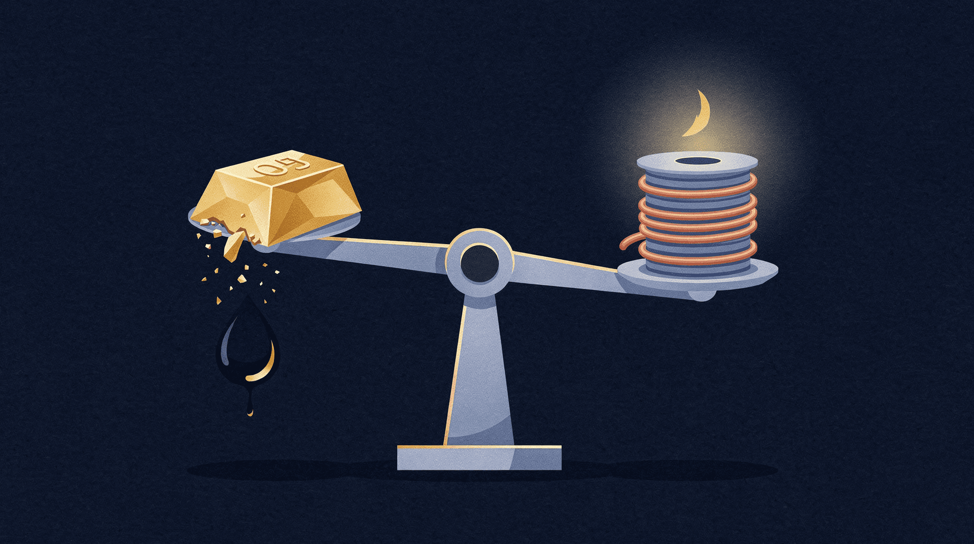 An illustration of a balance scale with a crumbling gold bar and oil drop on the left, and a shining spool of copper wire on the right.