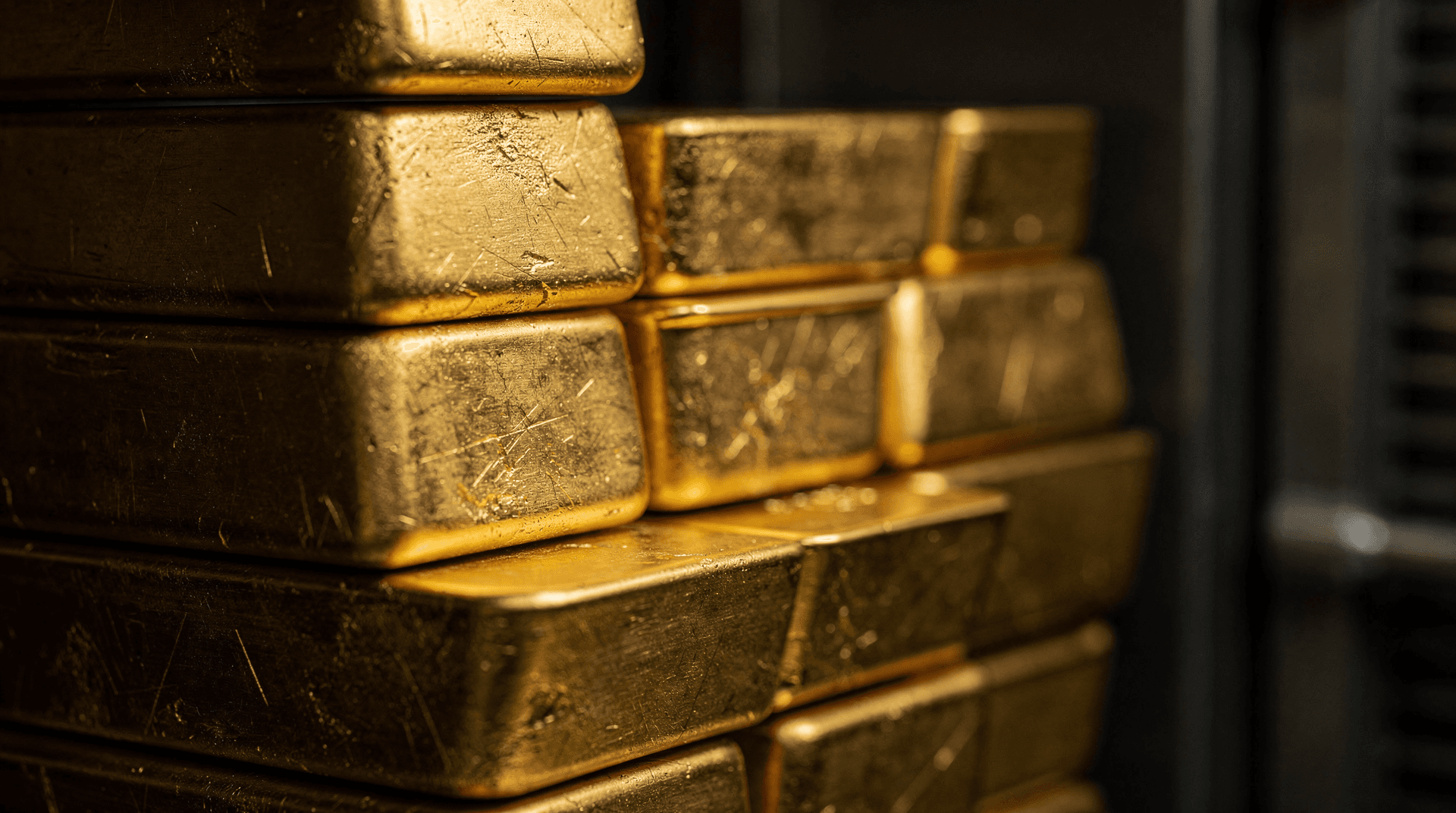 Close-up of stacked gold bars with visible scratches, dark background suggests a vault or safe.