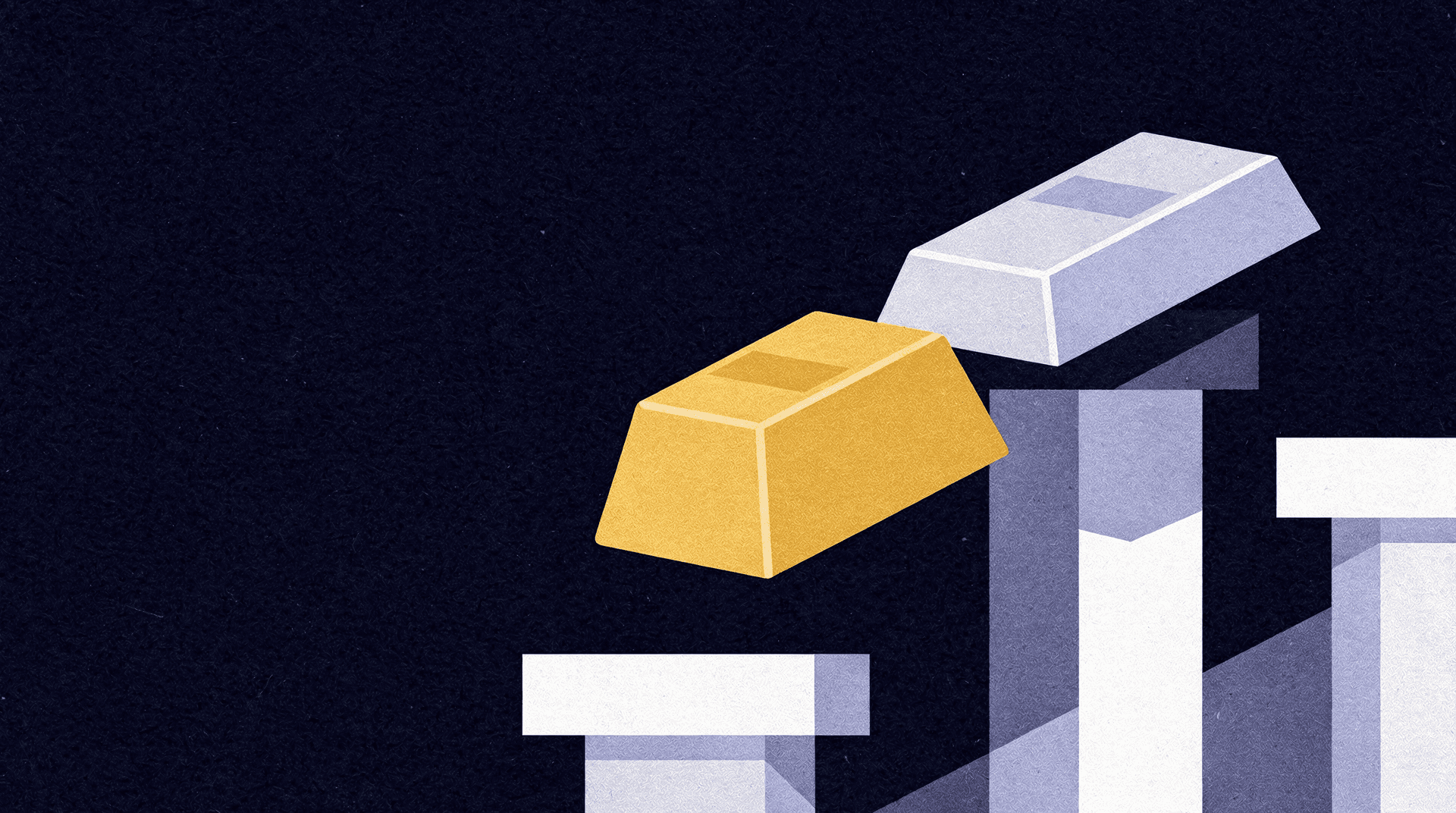 Illustration of a gold bar and a silver bar resting on top of abstract, rising bar graph elements against a dark background.