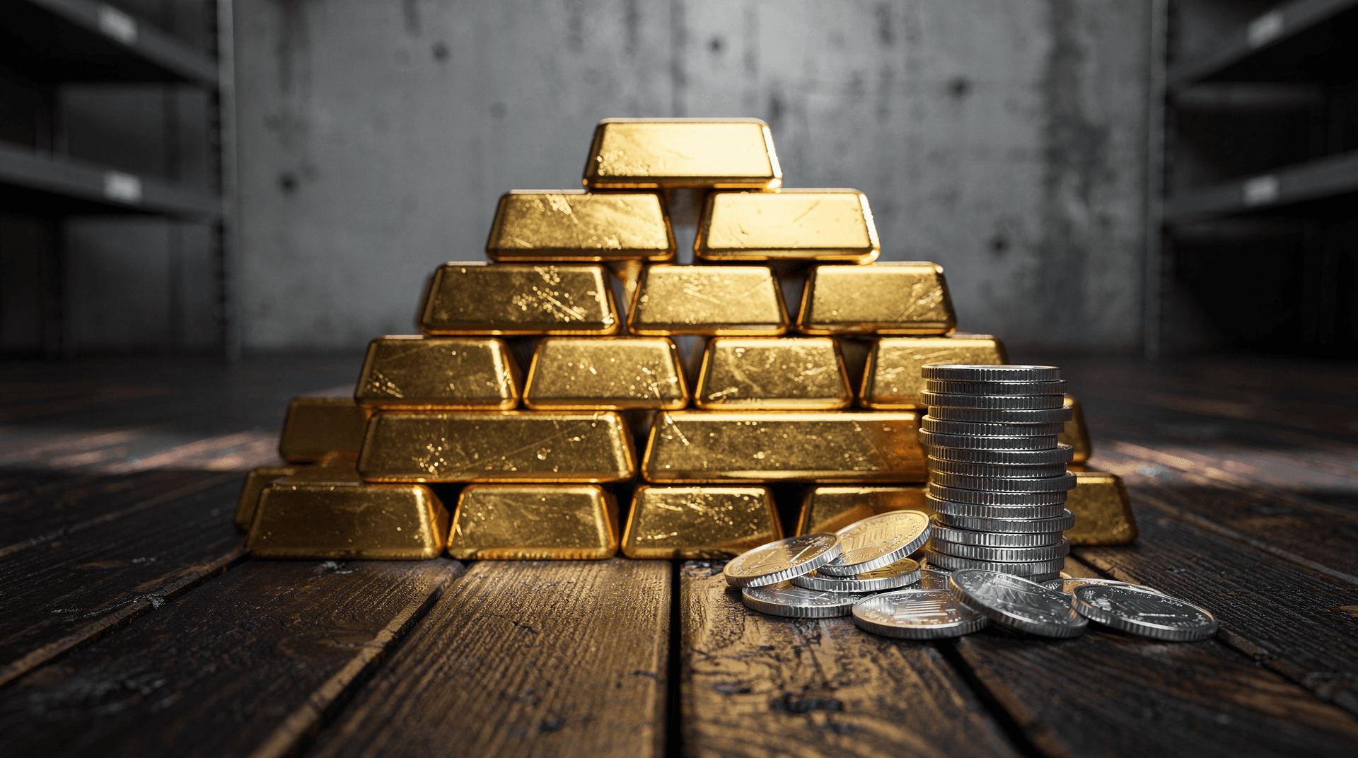 Stacked gold bars with scattered silver coins in a vault
