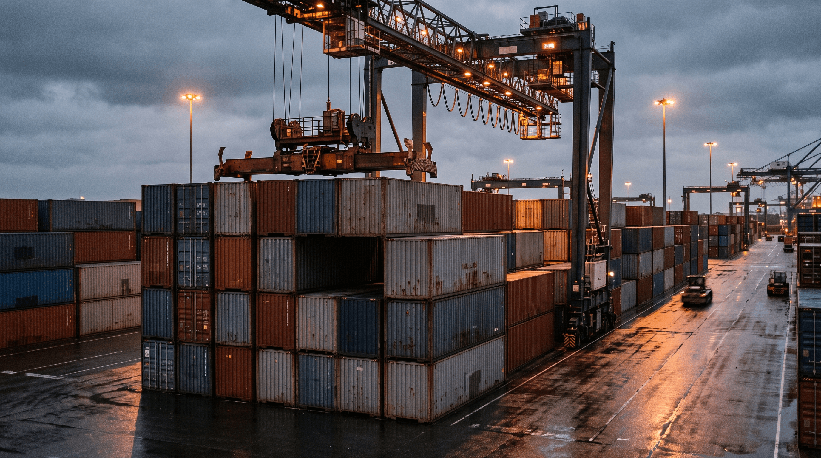 Stacked shipping containers under a port gantry crane at dusk with gaps where containers are missing