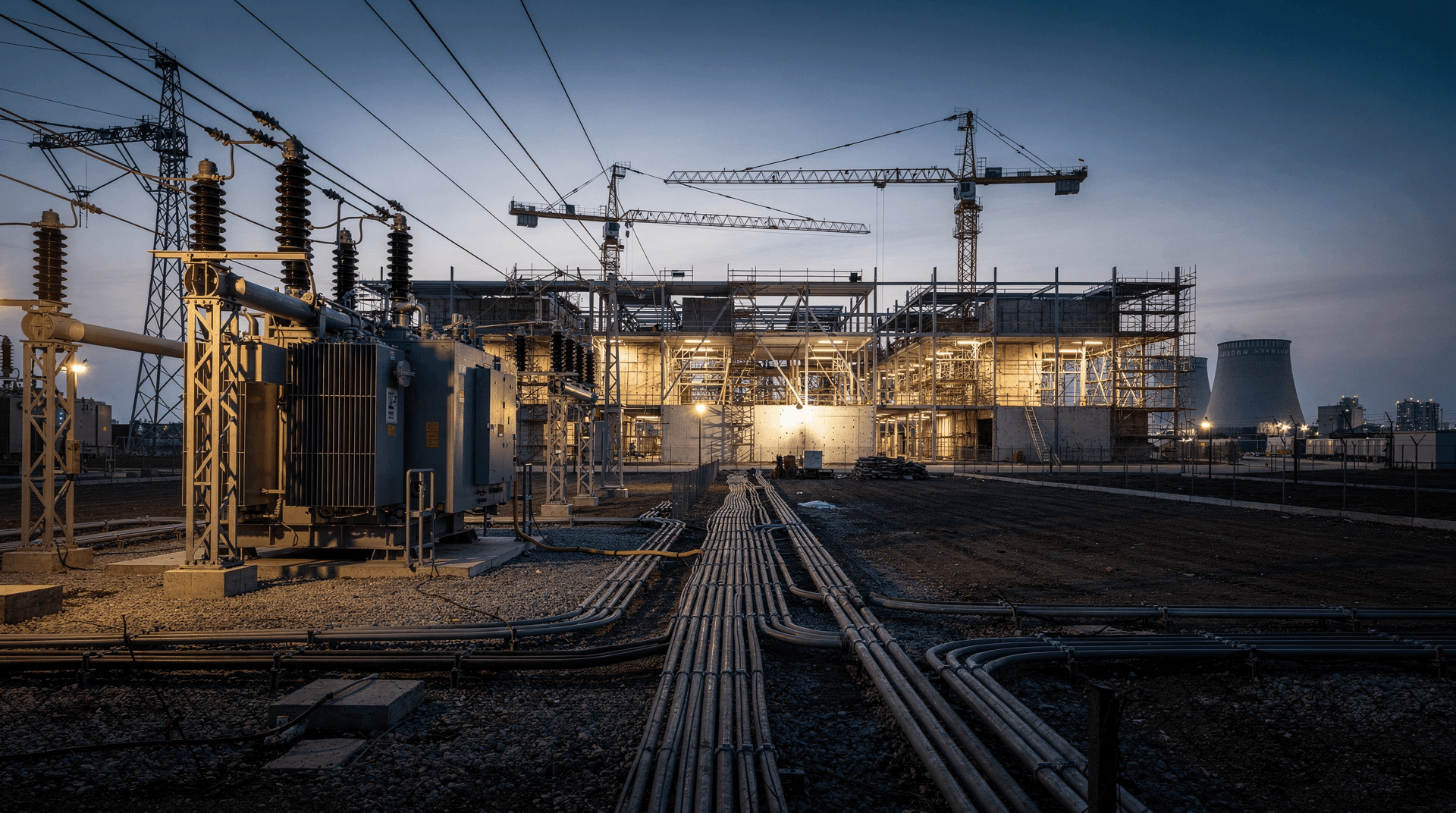 Power substation and transmission lines feeding an unfinished data center campus at dusk