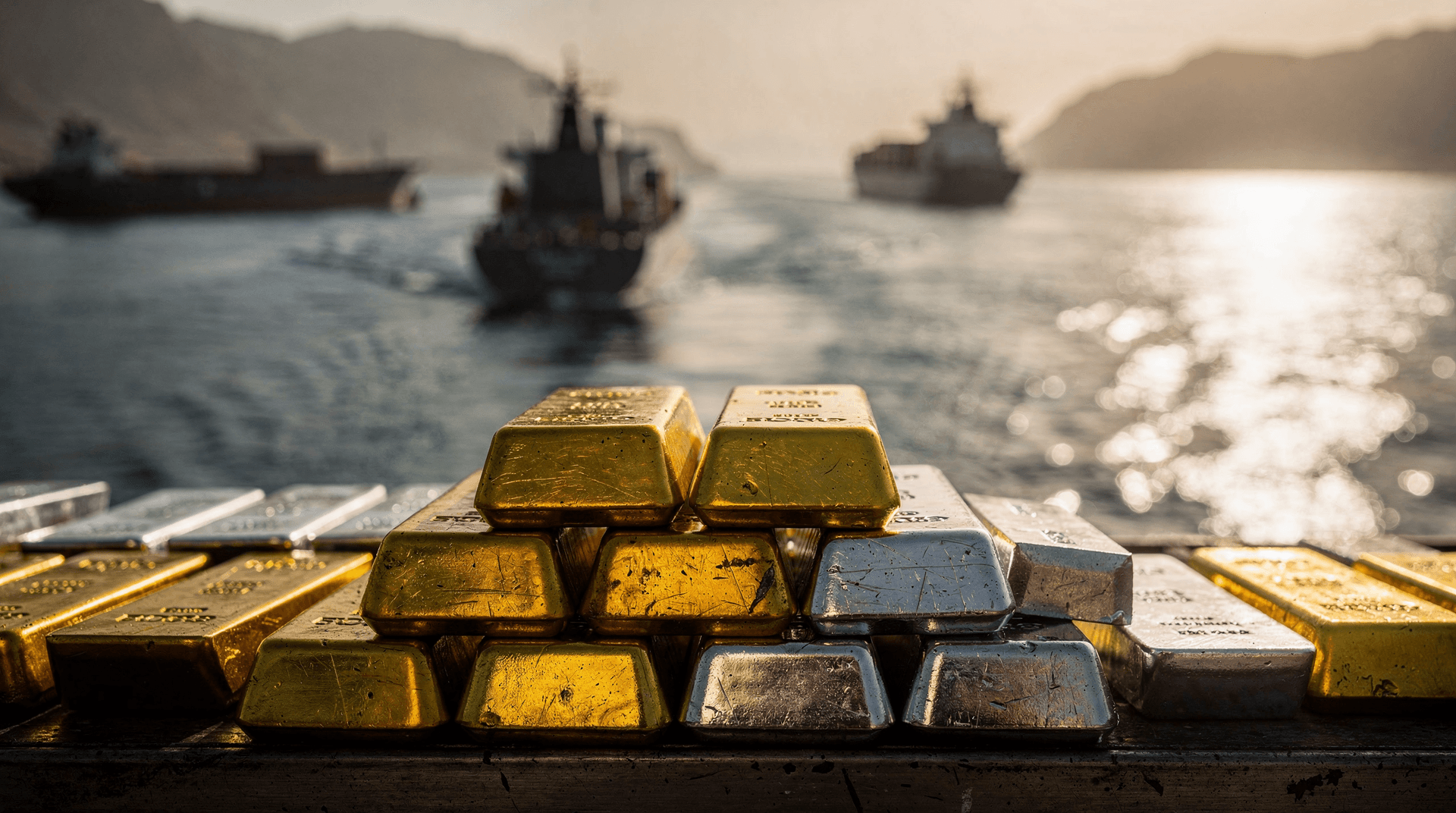 Stacks of gold and silver bullion bars in the foreground with cargo ships navigating a channel in the background.