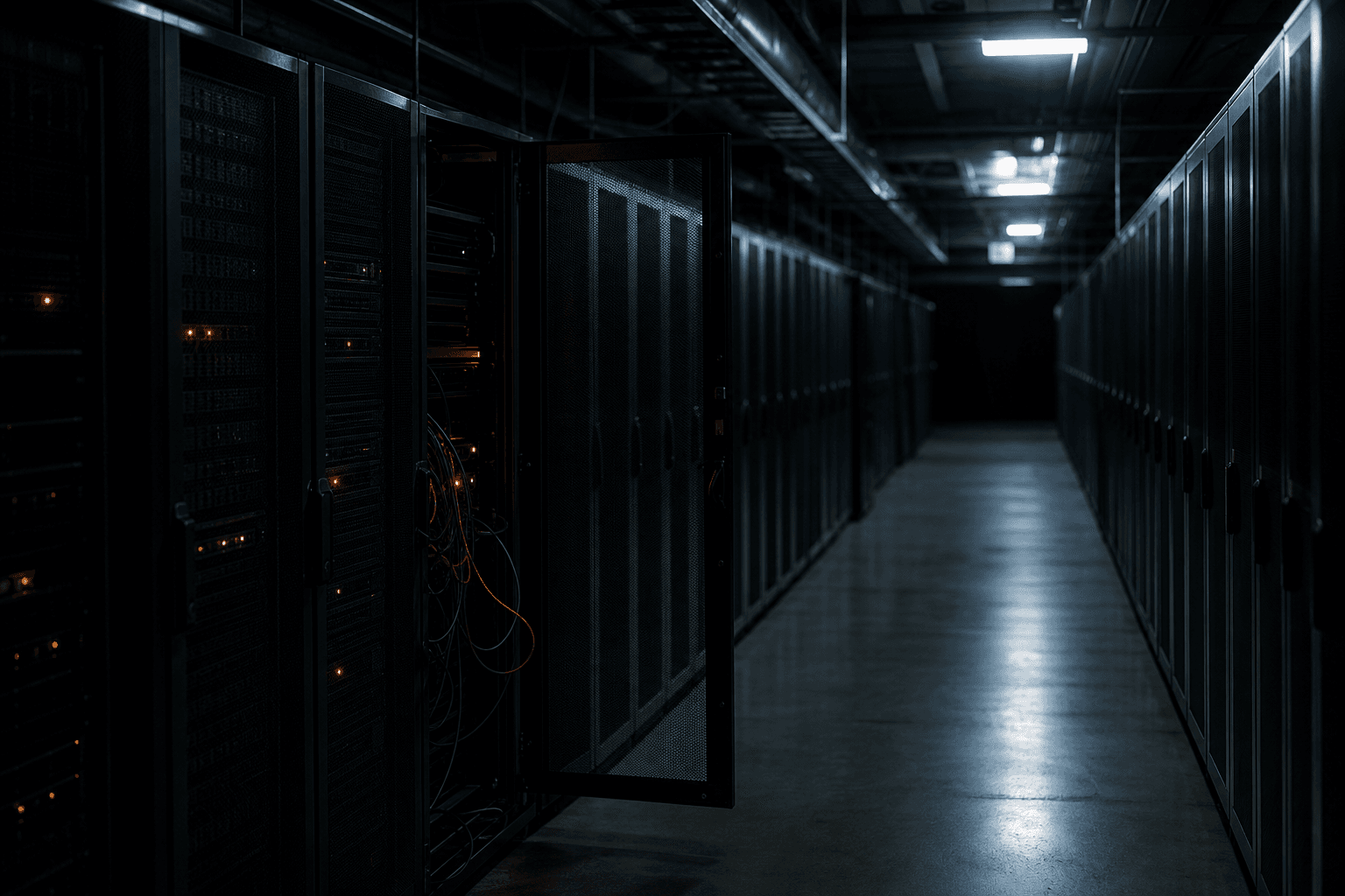 A long, dimly lit server room with rows of black server racks, one cabinet on the left is slightly ajar showing cables.