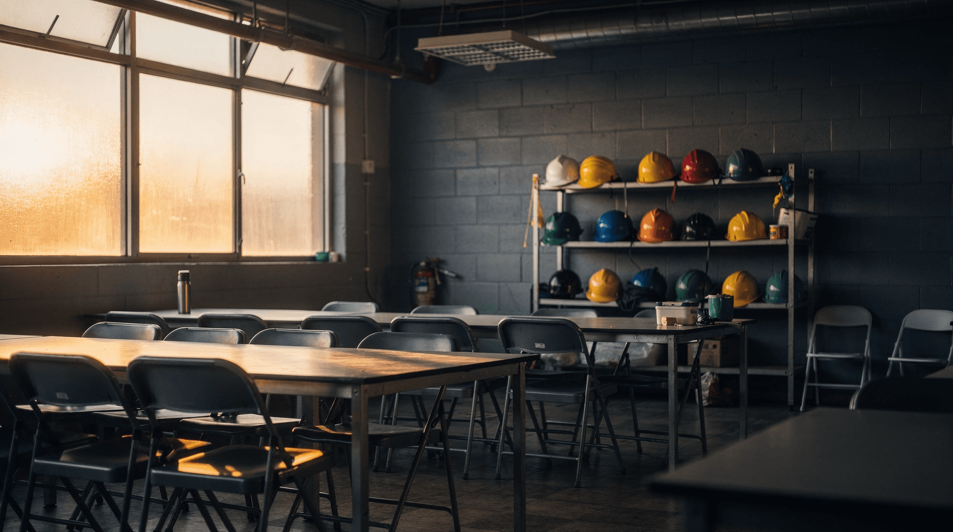Empty factory break room at dawn with hard hats on a rack and warm light through high windows