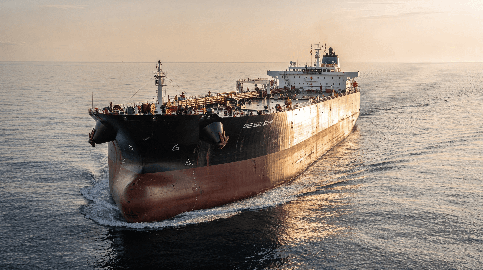 Crude oil tanker with bulbous bow transiting calm water at golden hour