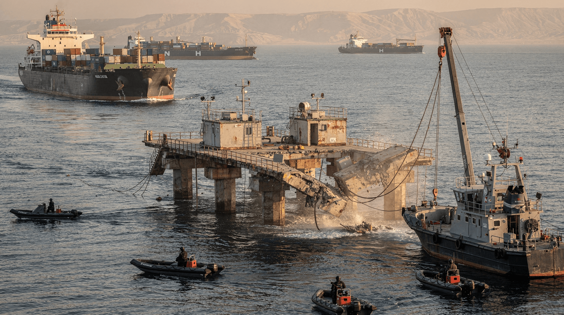 Shipping container vessels pass by a damaged oil platform in the ocean, surrounded by patrol boats and a larger tug-like vessel.