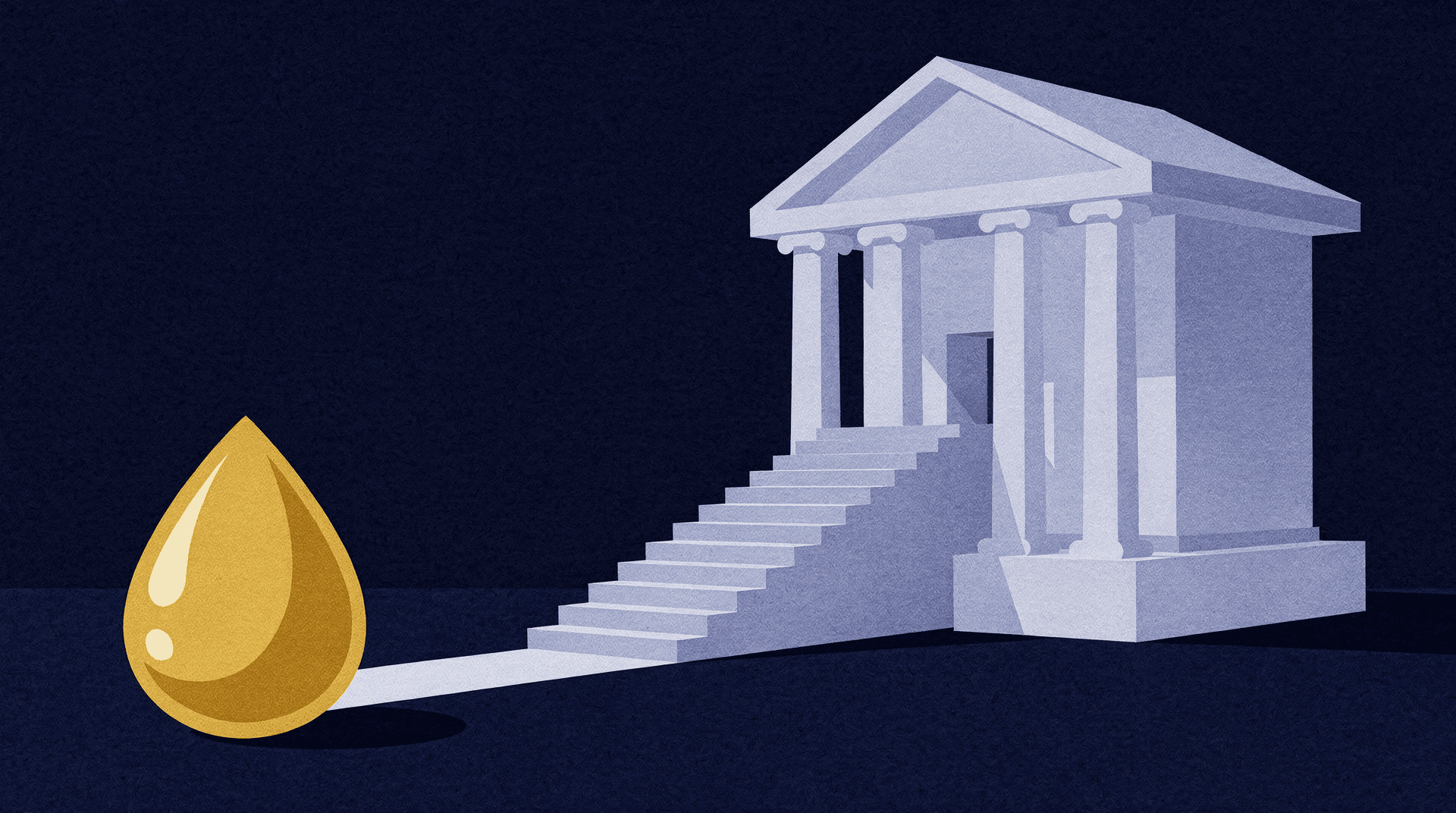 An illustration of a large golden oil droplet on the left, with a beam of light connecting it to a classical building with pillars on the right, suggesting a financial institution like the Federal Reserve.