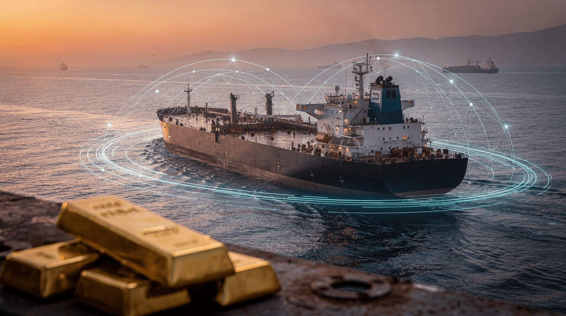 Oil tanker on water with glowing network lines, with gold bars in the foreground at sunset.