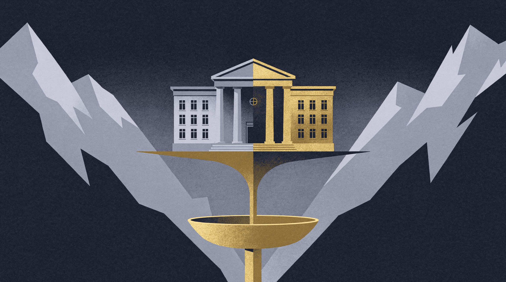 Editorial illustration of Federal Reserve building in mountain setting with abstract policy division visual