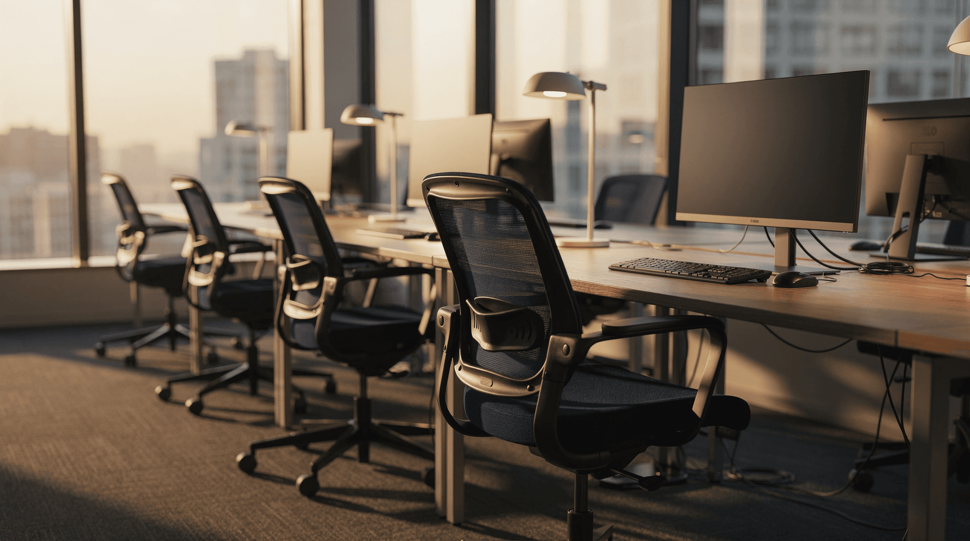 A long row of empty office desks at dawn with chairs neatly tucked in under golden morning light