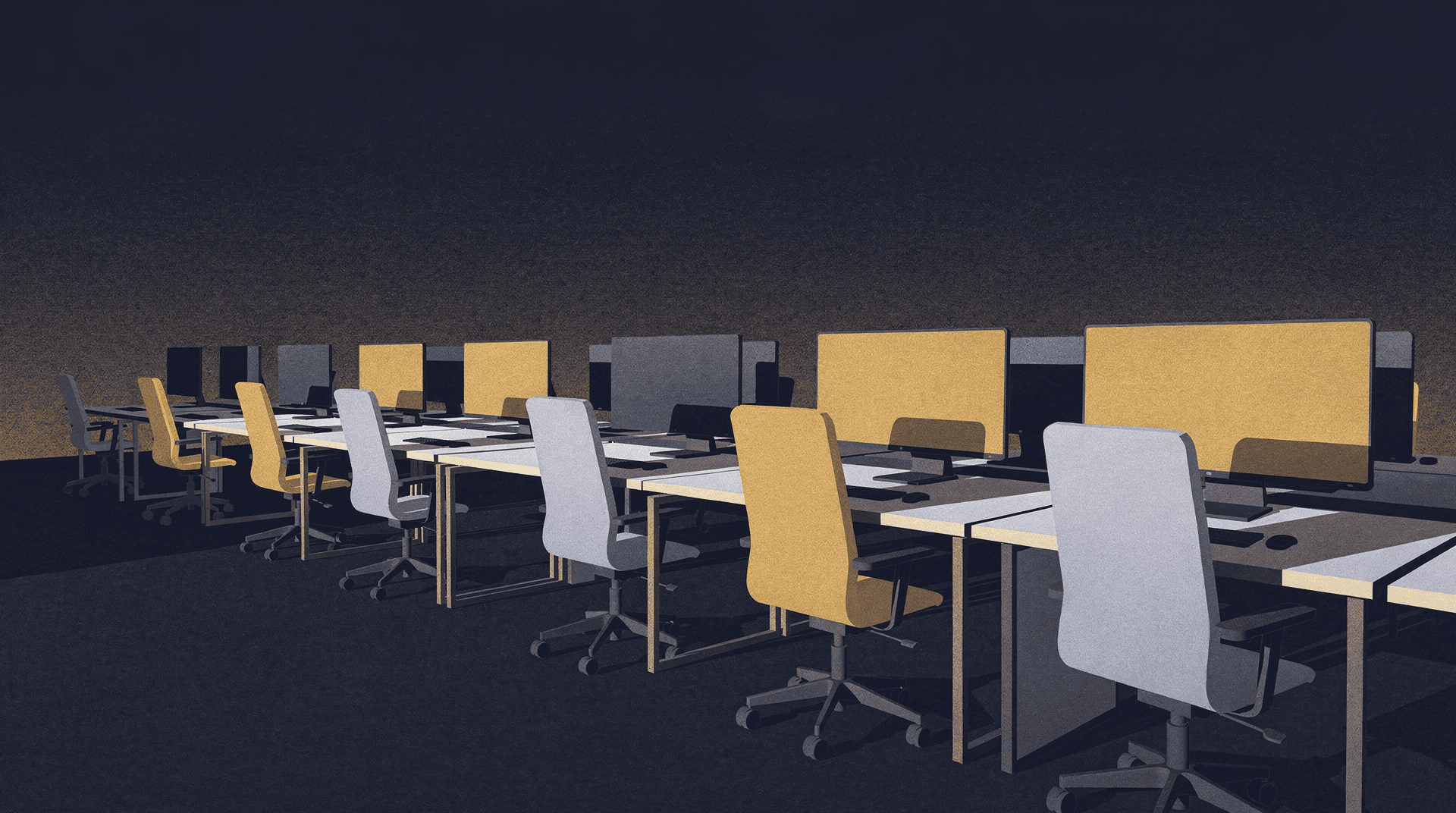 Editorial illustration of a row of empty office desks at dawn in deep navy and gold