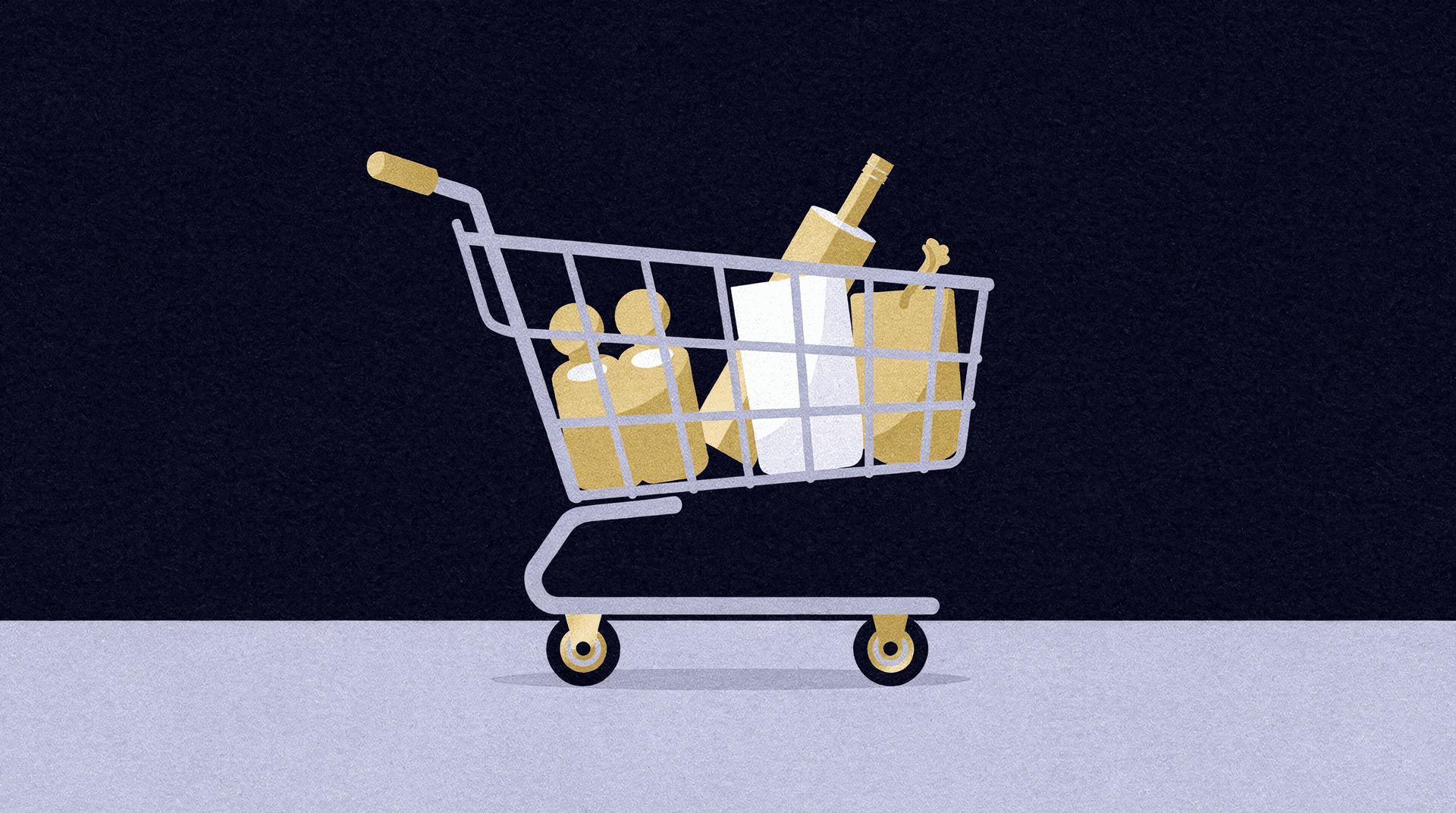 Illustration of a metallic shopping cart filled with various grocery items like bottles and bags on a dark blue and light gray background.