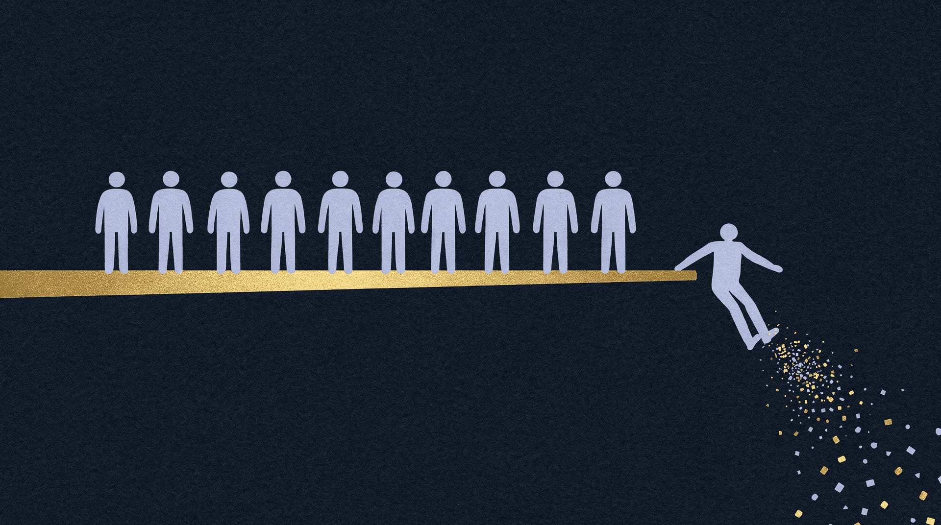Several white paper cut-out figures stand on a golden bar on a dark blue background; one figure falls off the end, disintegrating into confetti.