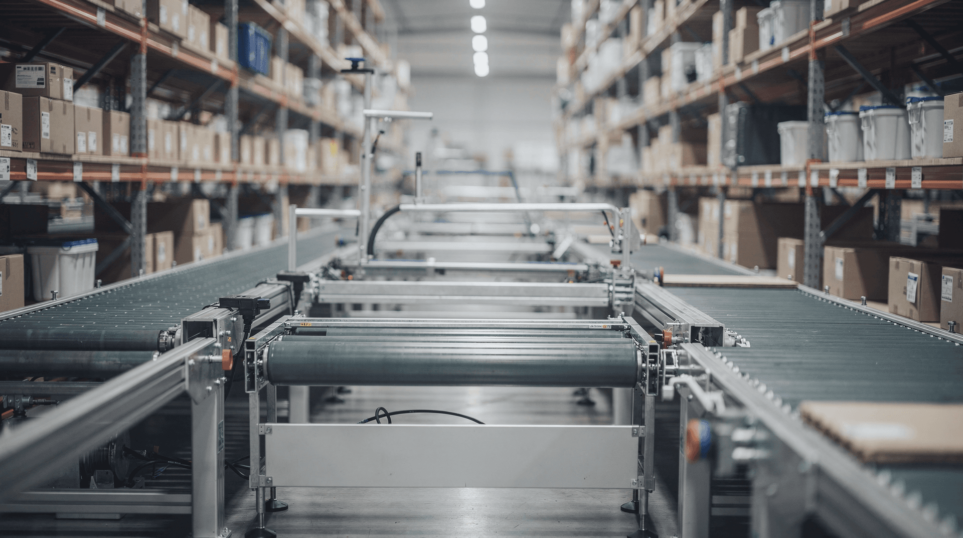 Factory assembly line with industrial equipment and lighting