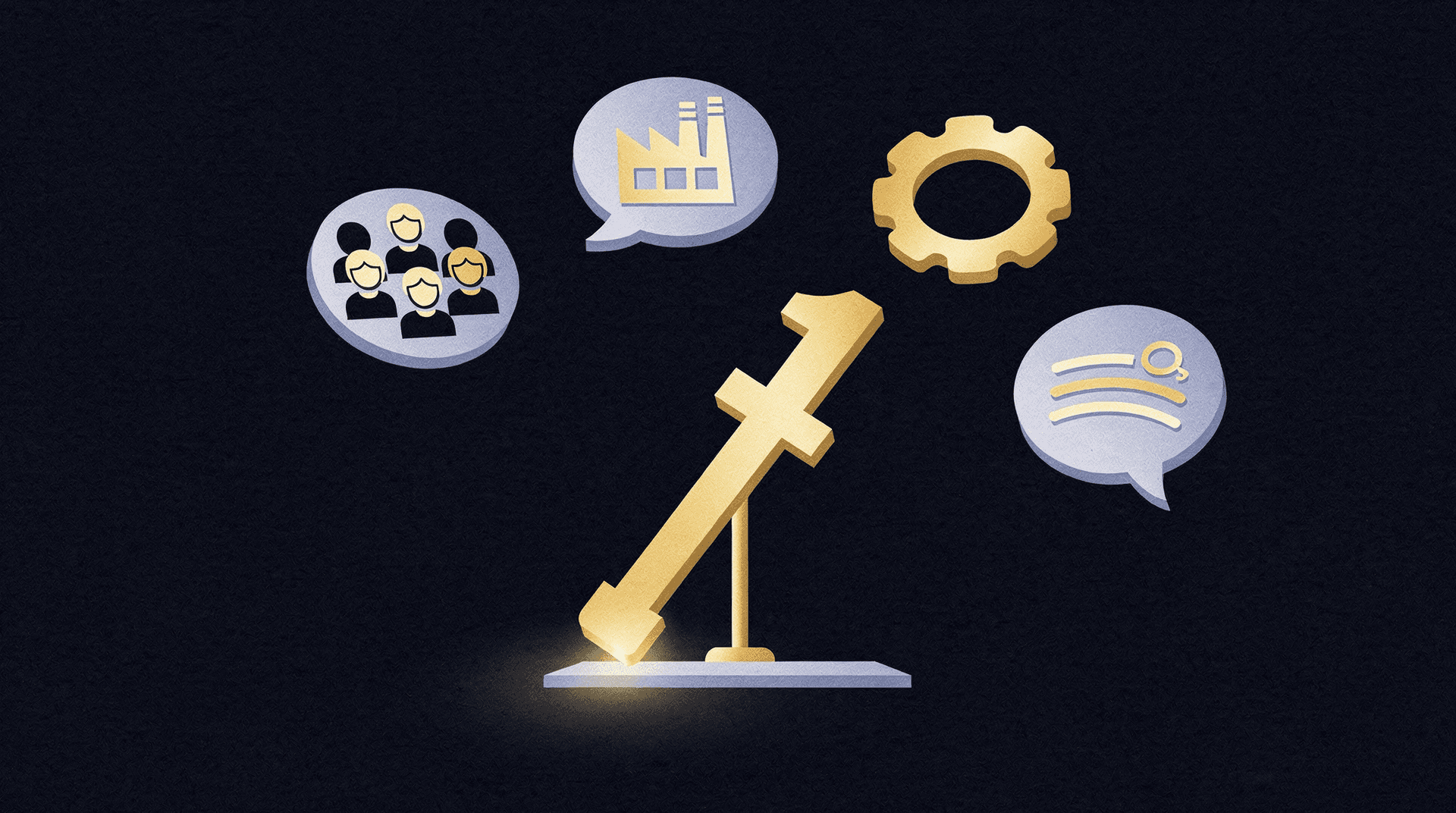 An illustration featuring a golden number 1 on a scale, surrounded by speech bubbles with icons representing people, a factory, and a magnifying glass over lines, plus a golden gear.