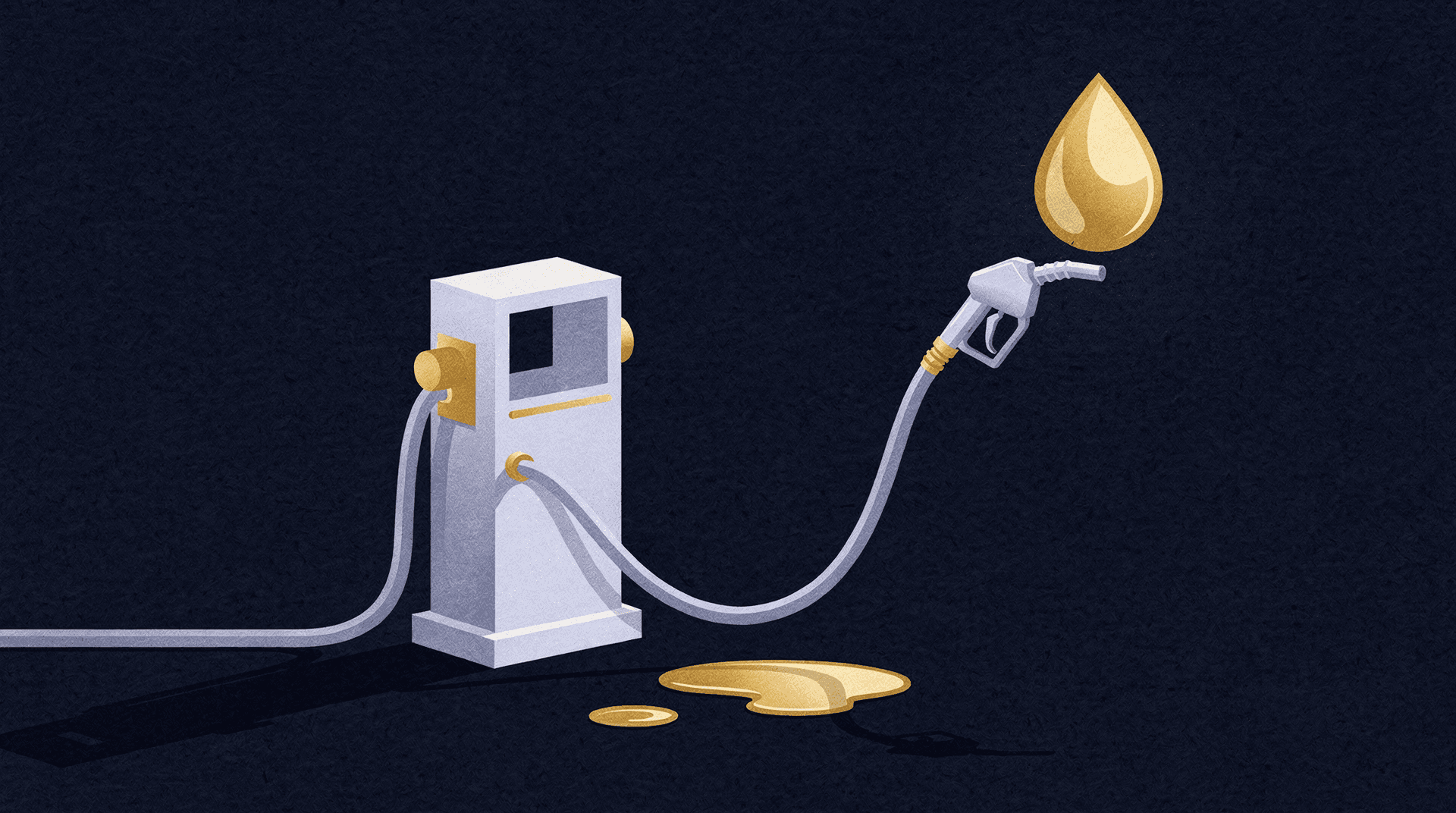 An isometric illustration of a gasoline pump, with the nozzle connected to a hose, suspended in mid-air, emitting a large golden oil drop.