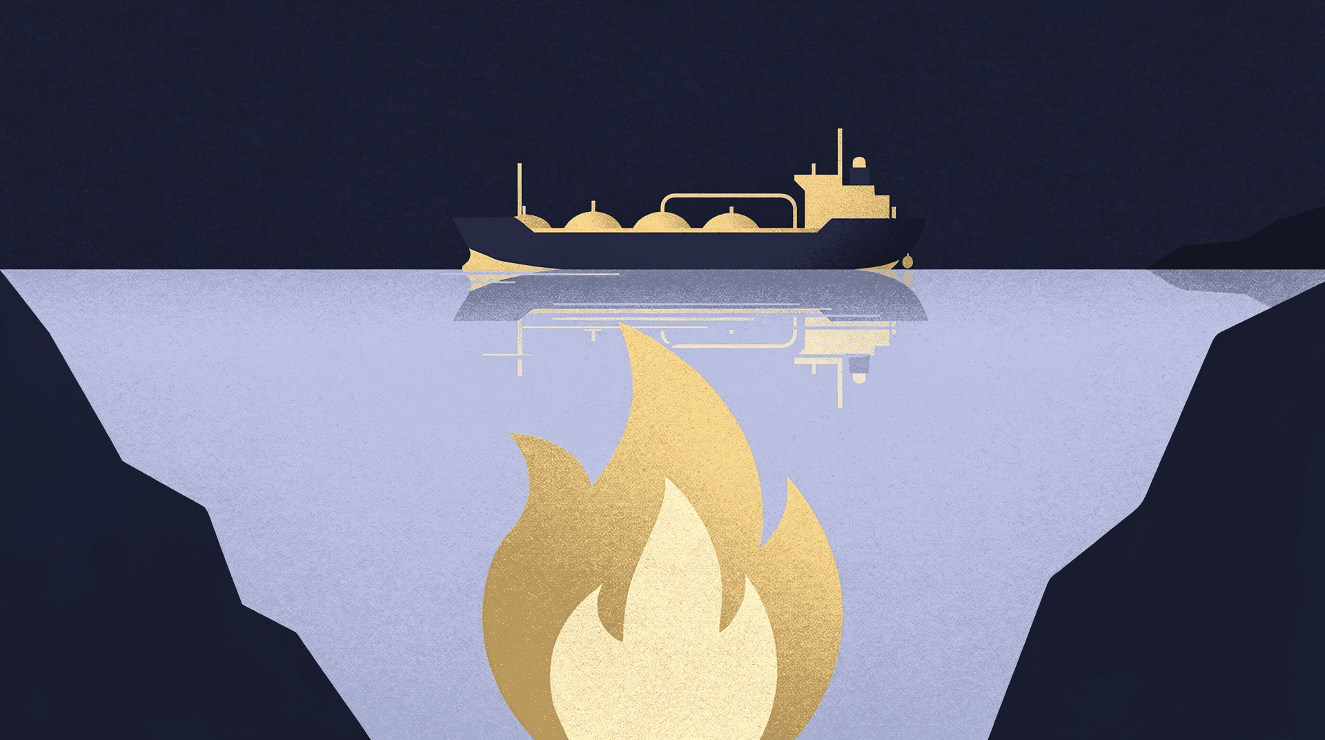 An oil tanker seen from above water, with its reflection showing a large golden flame beneath, suggesting hidden danger.