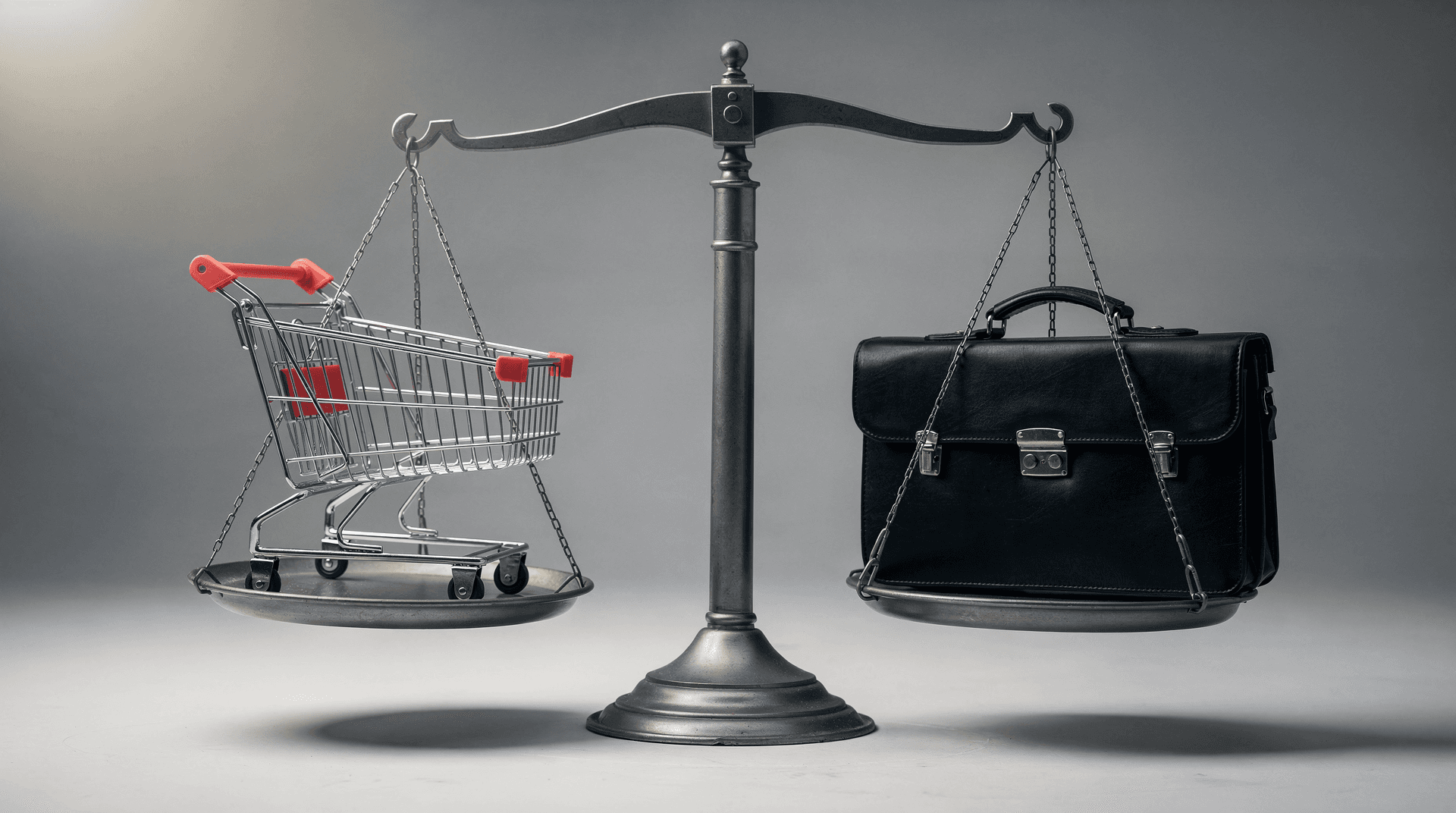 A vintage-style balance scale with a miniature shopping cart on one pan and a black briefcase on the other, against a gray background.