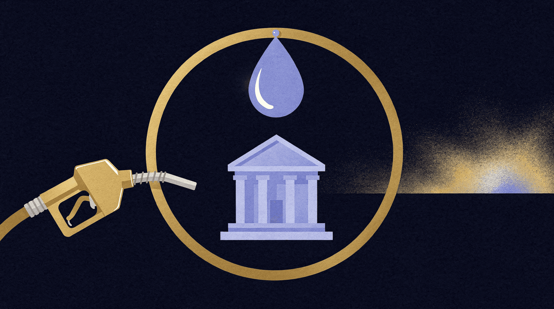 Illustration of a gold gasoline pump on the left, aiming towards a large golden circle containing a blue water drop above a bank building.