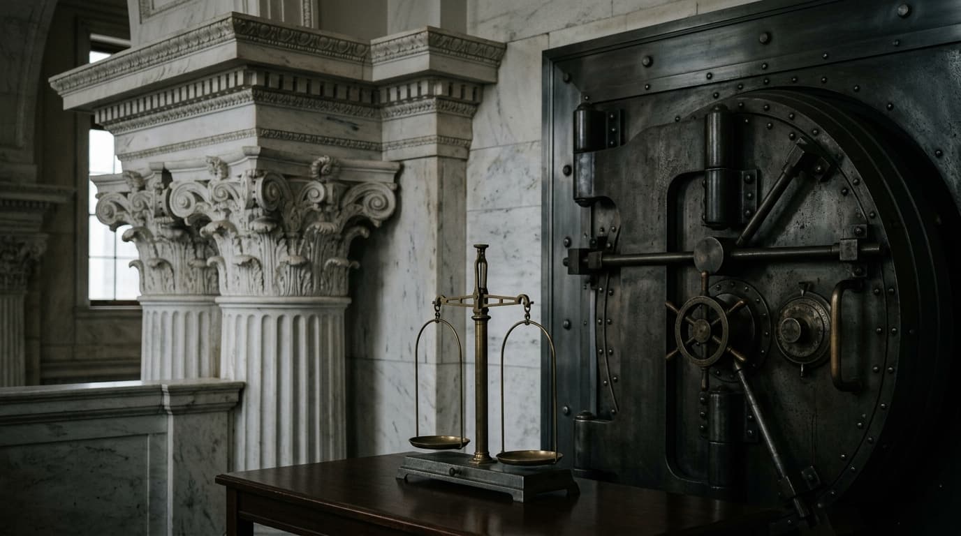 A large, metallic bank vault door with a wheel mechanism stands next to an antique brass balance scale on a wooden table, with marble pillars in the background.