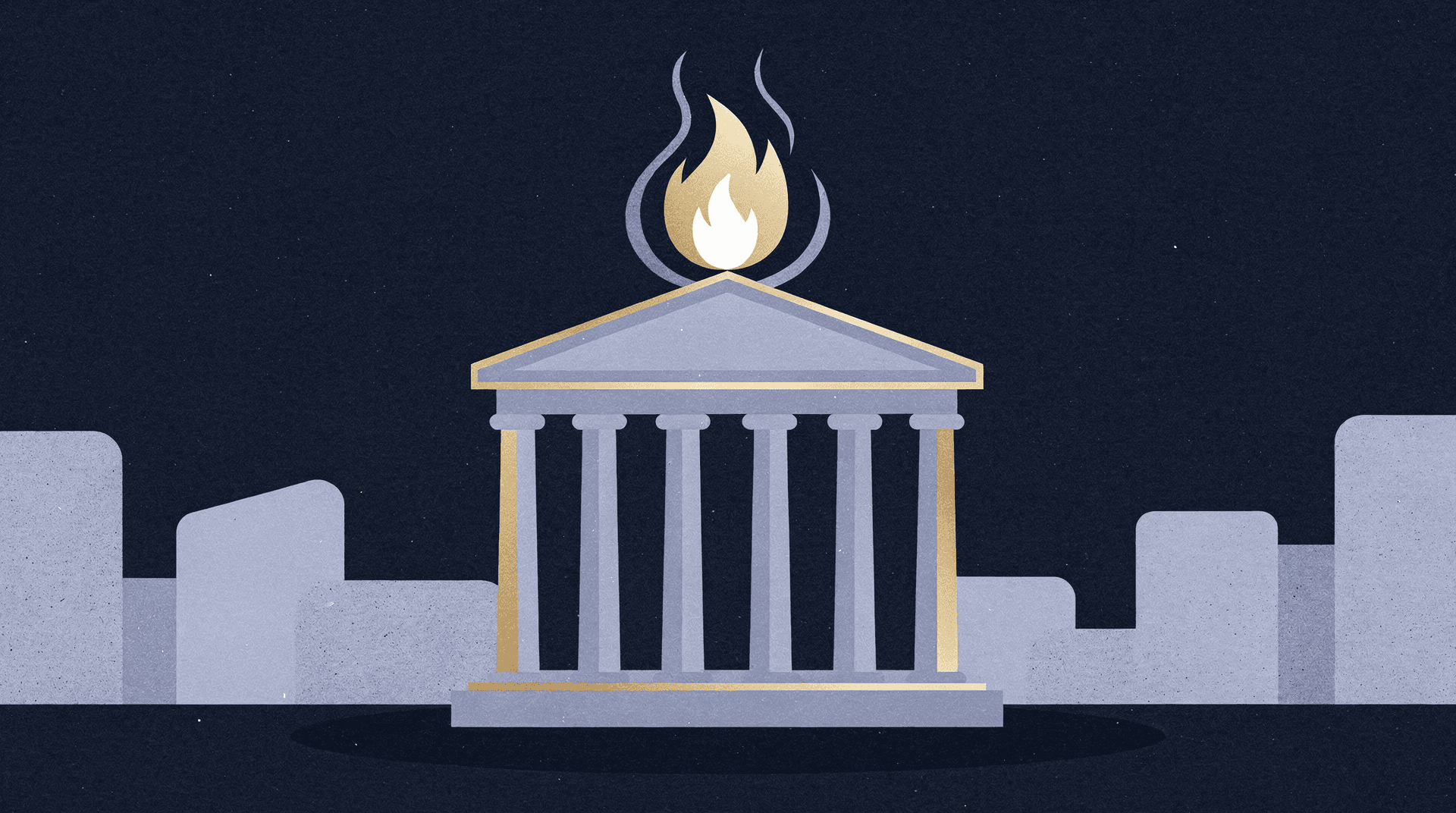 Stylized illustration of a classical temple-like building with a golden flame burning above its roof, set against a dark background with abstract city outlines.