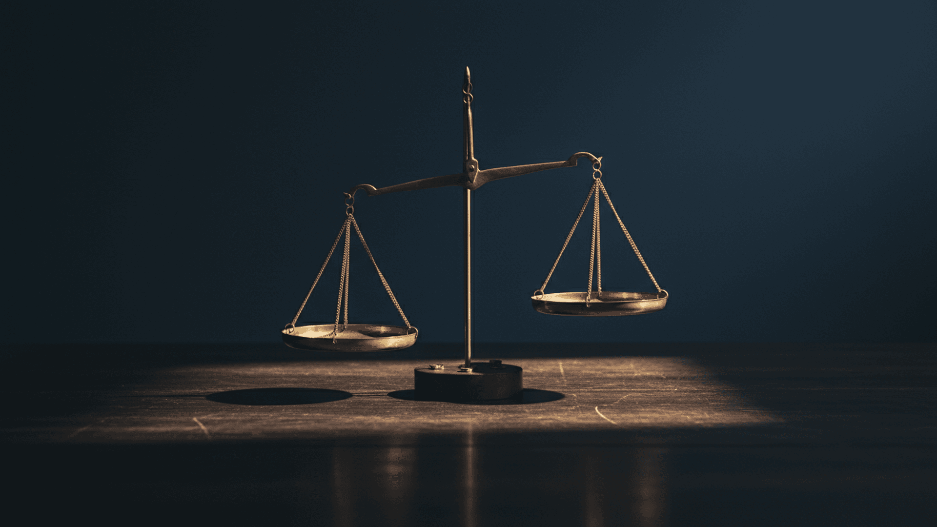 A brass balance scale tipped unevenly under dramatic gold light against a dark navy background