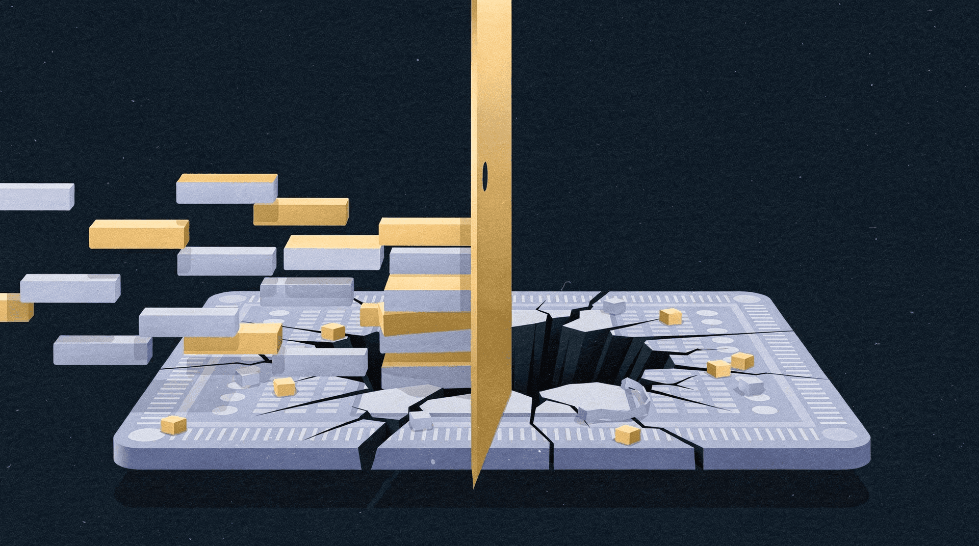 An illustration showing a computer chip or circuit board that has cracked open, revealing a dark chasm, with golden and grey rectangular blocks falling into or around it.
