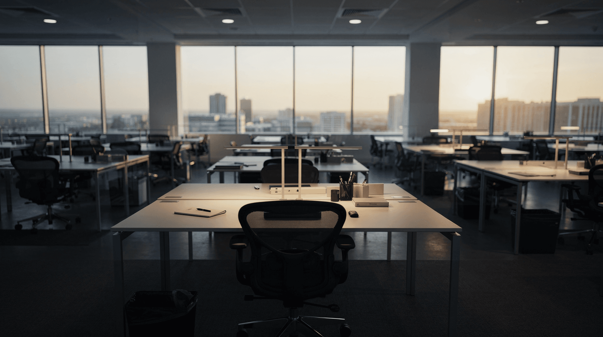 Empty rows of office desks lit by soft morning light, evoking a workplace after layoffs.