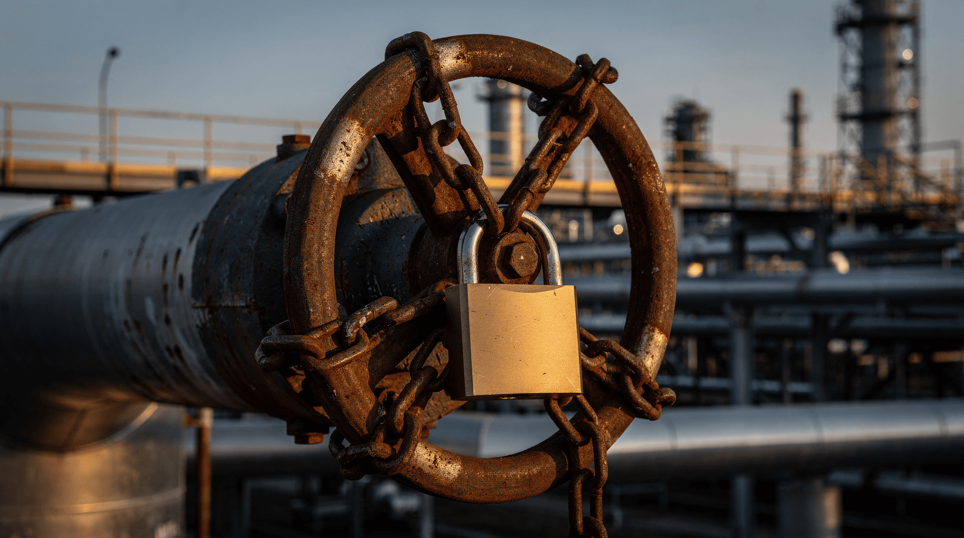 Industrial pipeline valve wheel bound shut by a heavy chain and padlock at dusk
