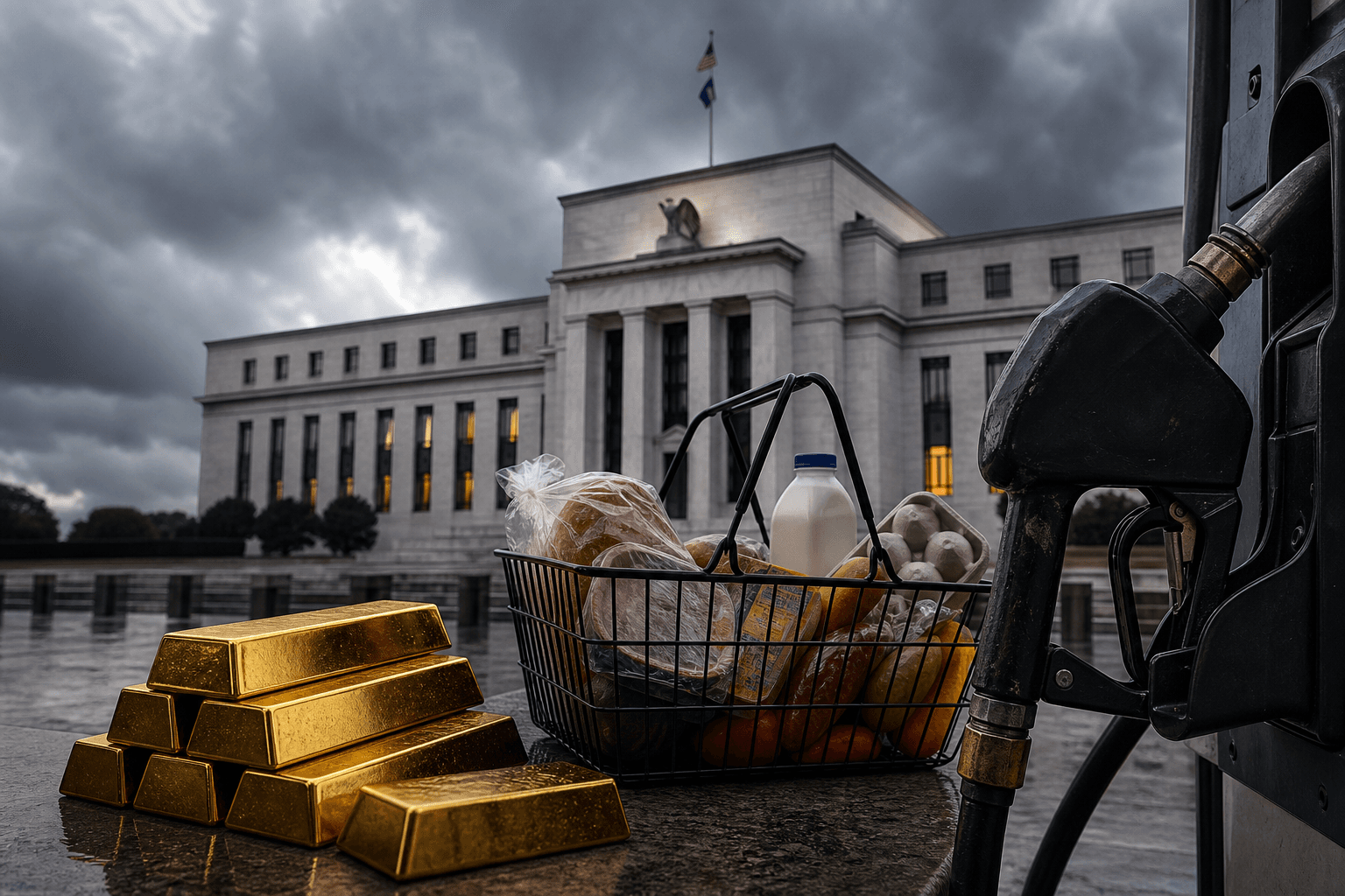 Stacks of gold bars, a grocery basket full of food, and a gas pump nozzle in front of the Federal Reserve building.
