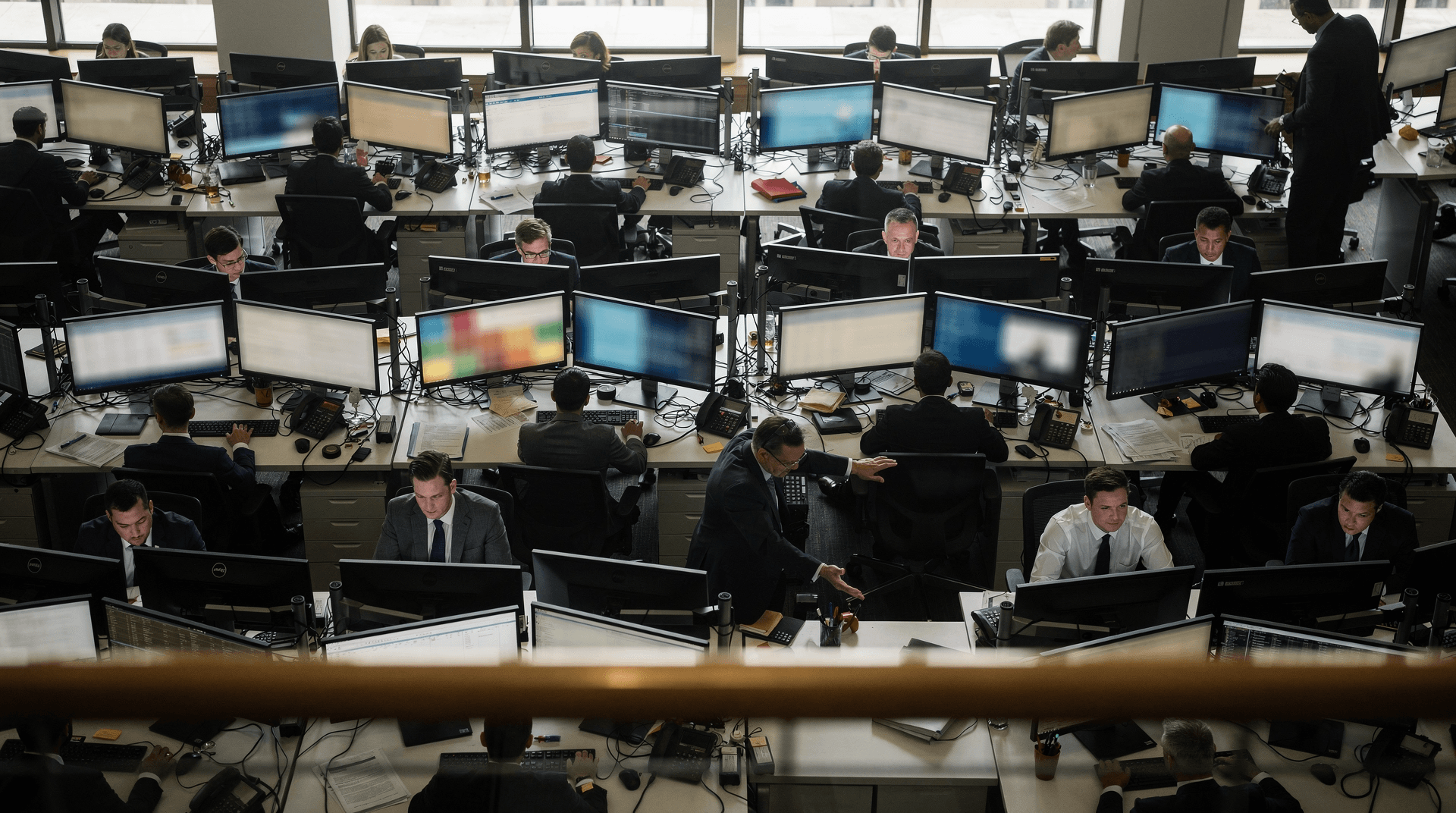 Overhead view of a bustling office full of people in suits working at desks with multiple computer monitors showing blurred data.