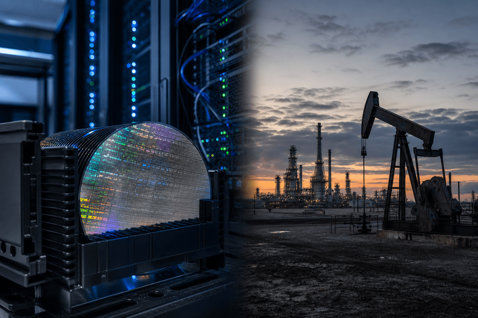 A composite image showing a stack of semiconductor wafers in a data center on the left, and an oil pumpjack with a refinery in the background at sunset on the right.