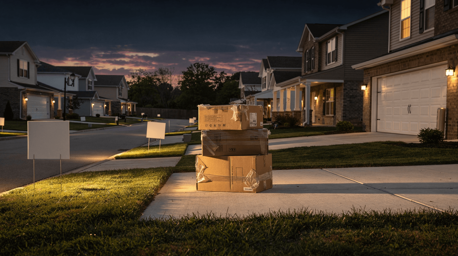 Dusk suburban street of new houses with blank for-sale signs and stacked moving boxes, evoking stalled housing demand