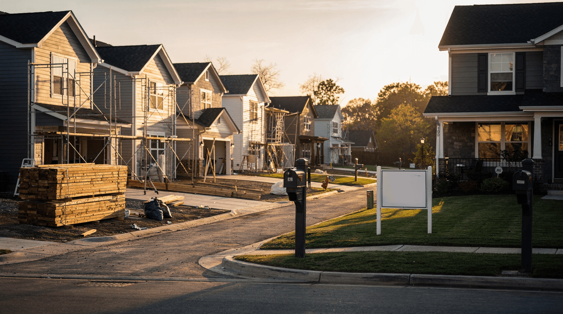 New spec homes with blank incentive banners face an older home with a blank yard sign at golden hour