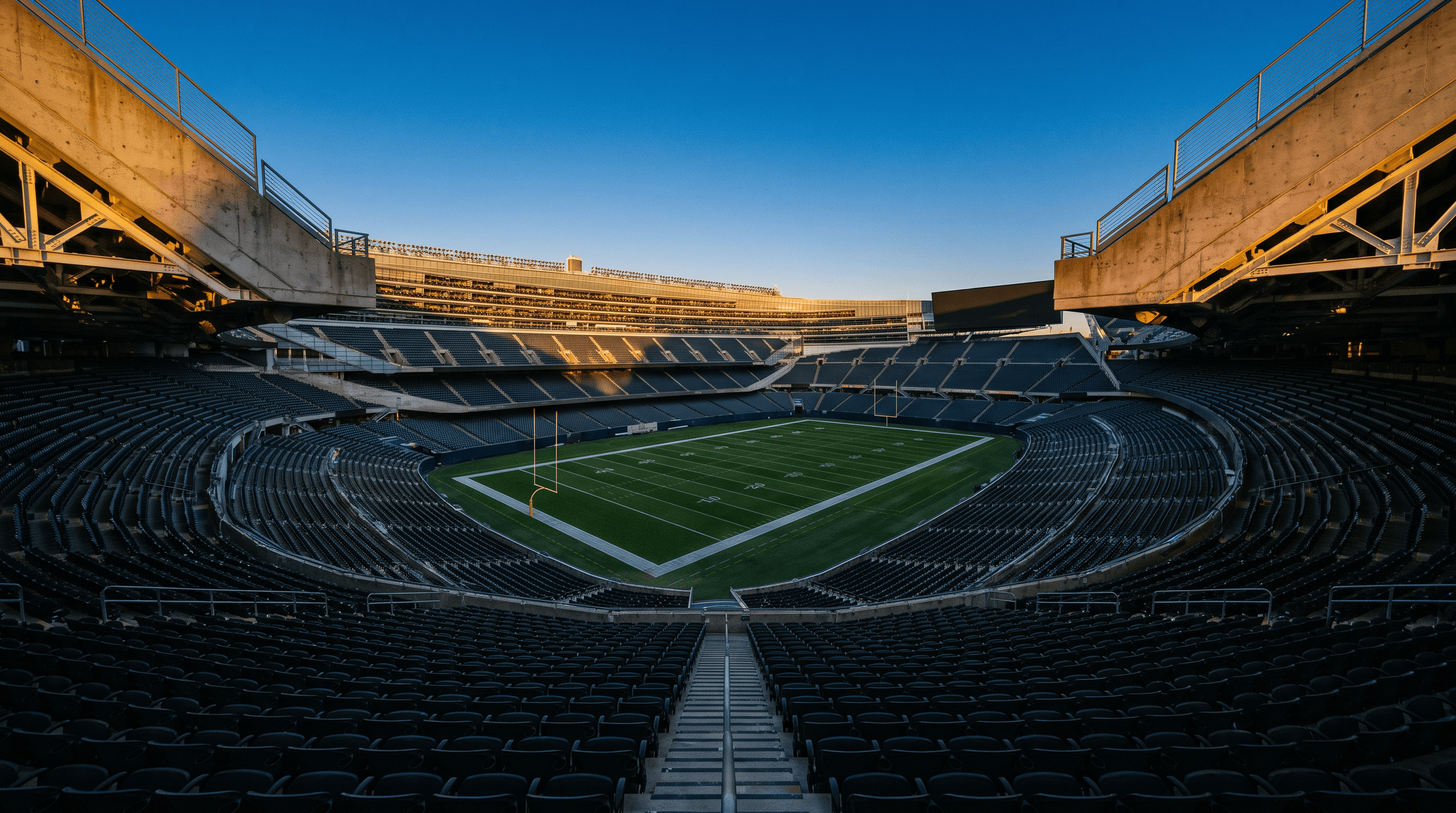 Empty NFL stadium bowl at dusk viewed from upper tier seats