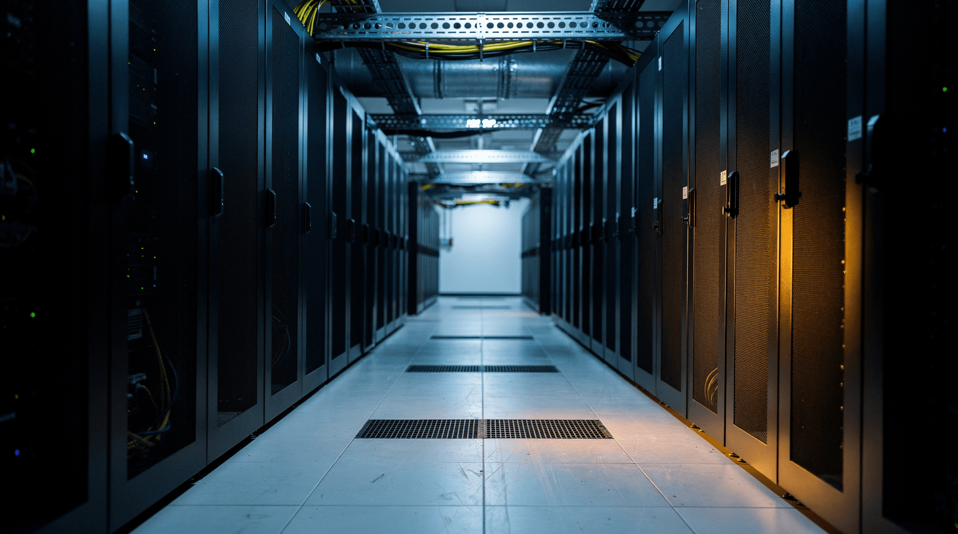 Rows of glowing server racks recede down a blue-lit data center aisle with overhead cable trays.