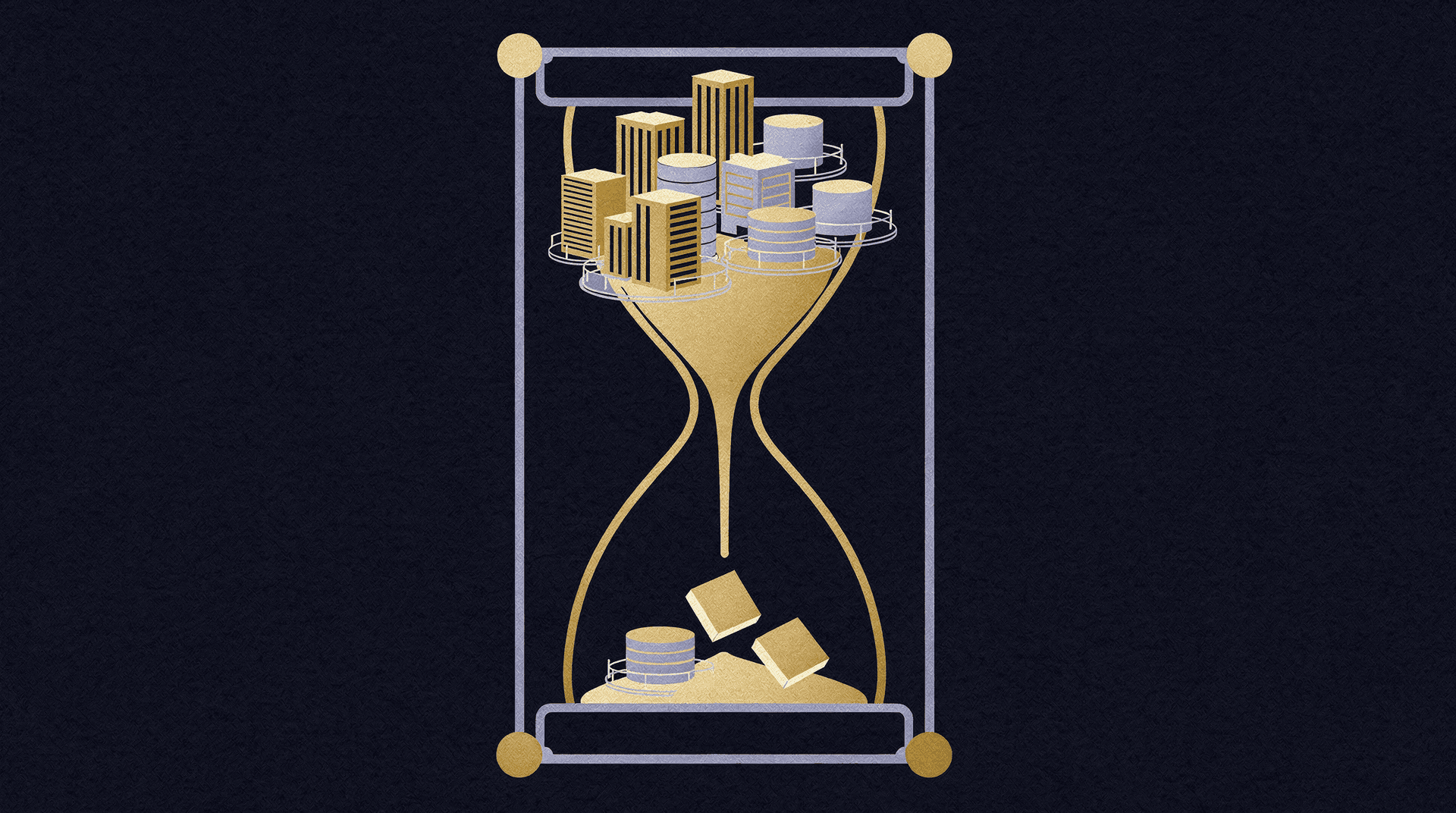 A stylized hourglass, with the top bulb filled with gold and grey corporate buildings and structures, and the bottom bulb accumulating sand and falling blocks.