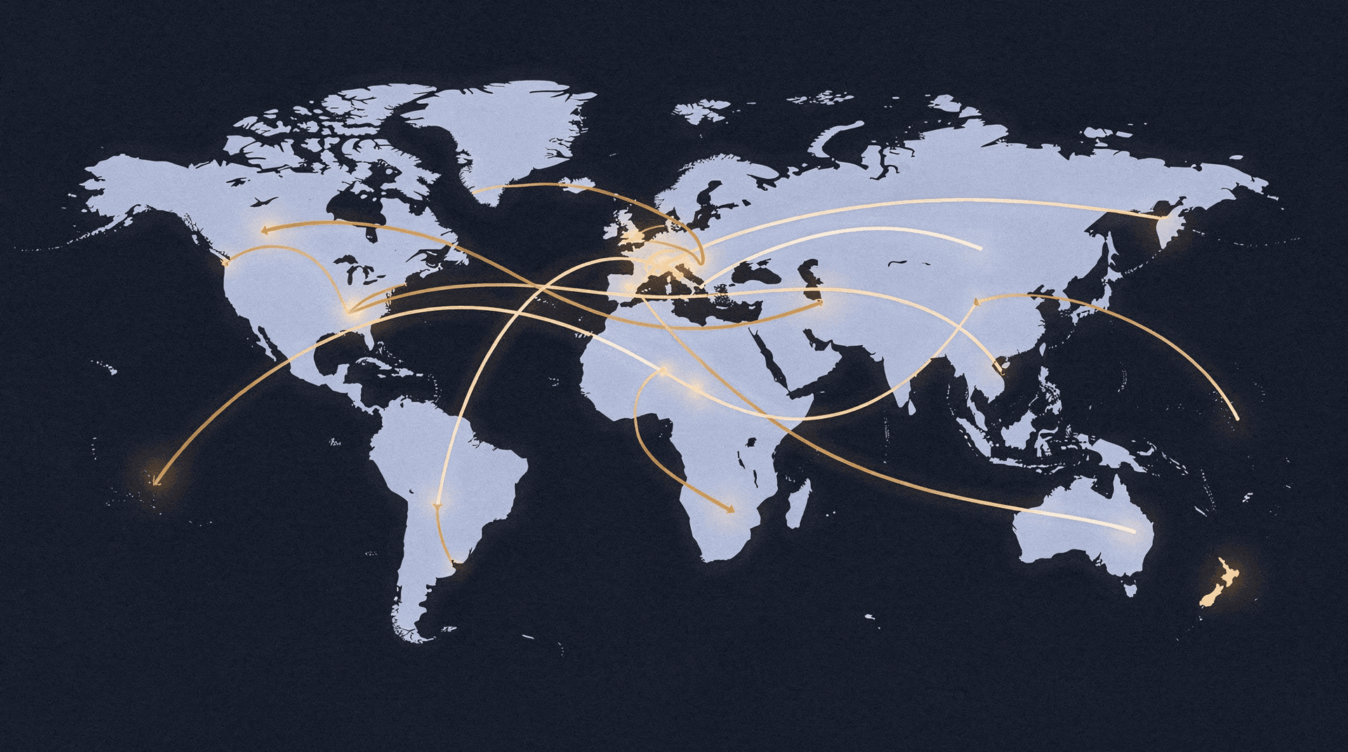 Abstract world map with interrupted glowing pathways representing sanctions