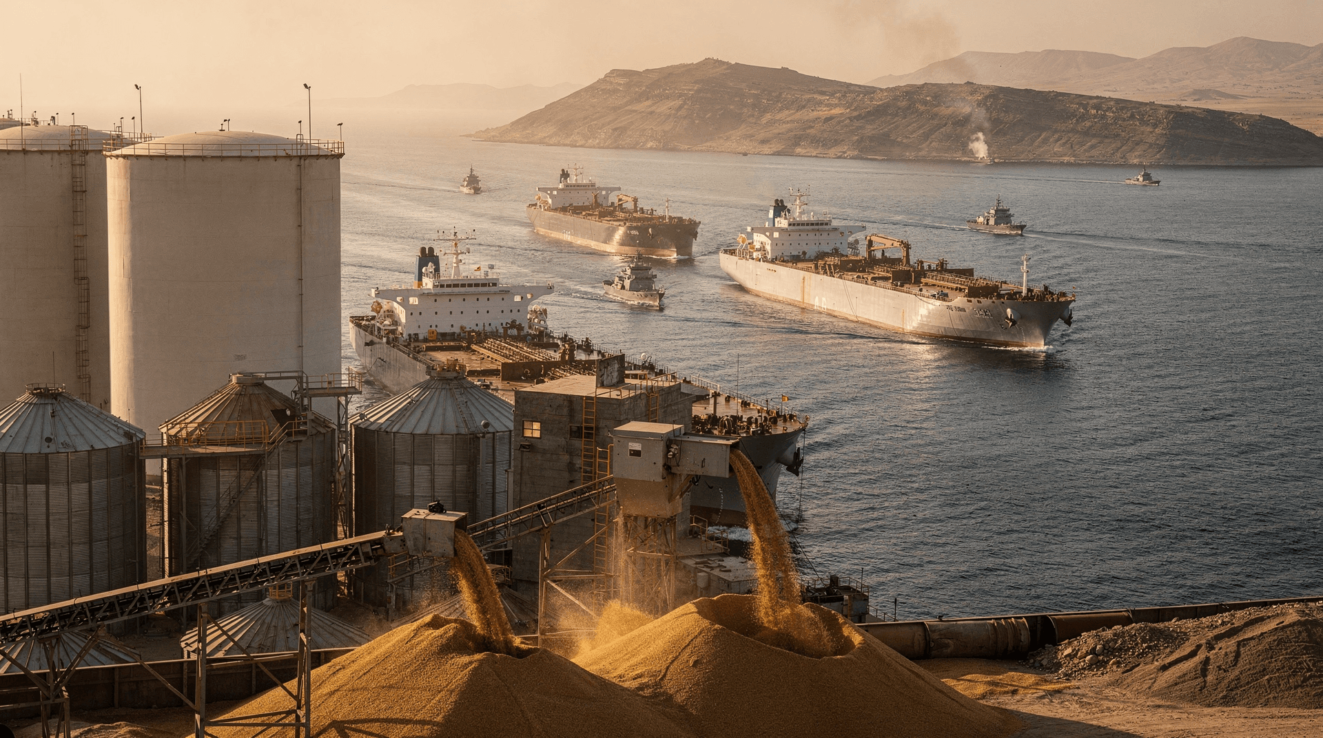 Aerial view of a port with large oil tankers and smaller ships on the water, next to a grain loading facility with silos and piles of grain.