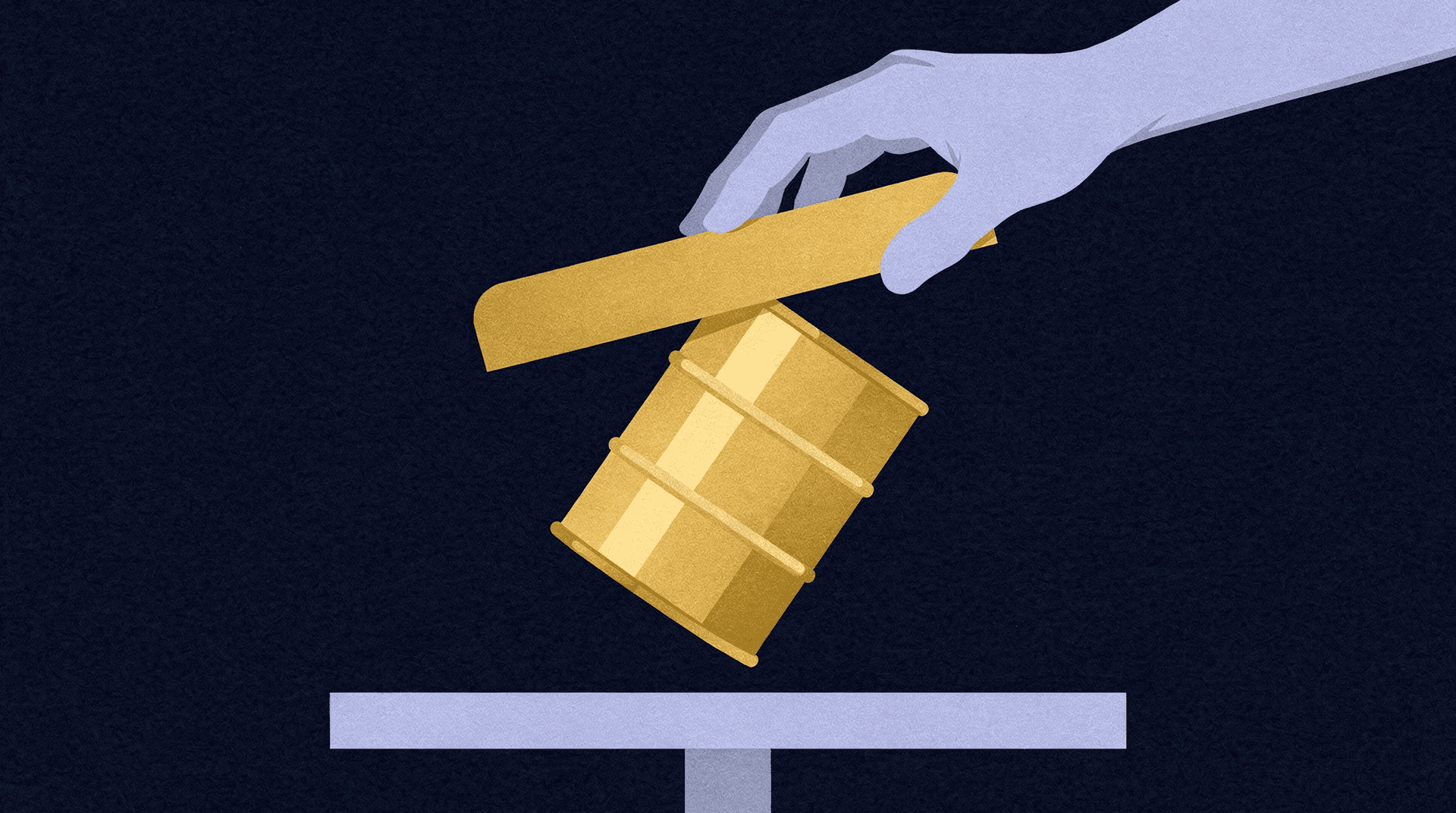 Stylized illustration of a light blue hand dropping a golden oil barrel onto a light grey surface against a dark blue background.