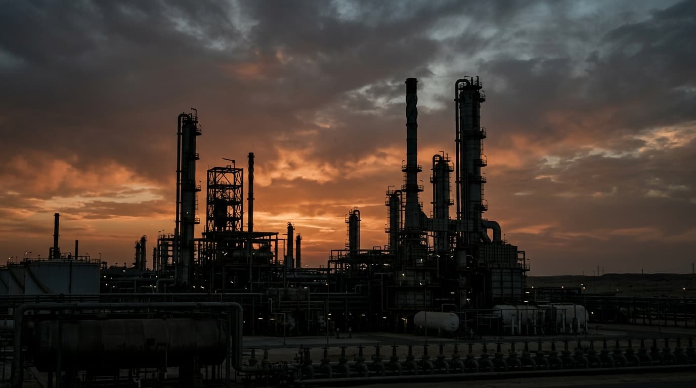 An industrial oil refinery with multiple towers and pipes silhouetted against a dramatic sunset sky with orange and dark clouds.