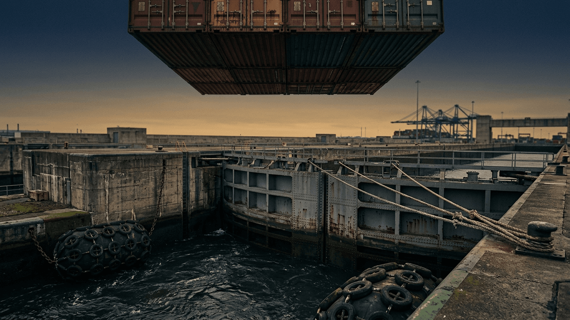 Container ship squeezed between concrete lock walls at dusk, crane silhouettes fading into haze.