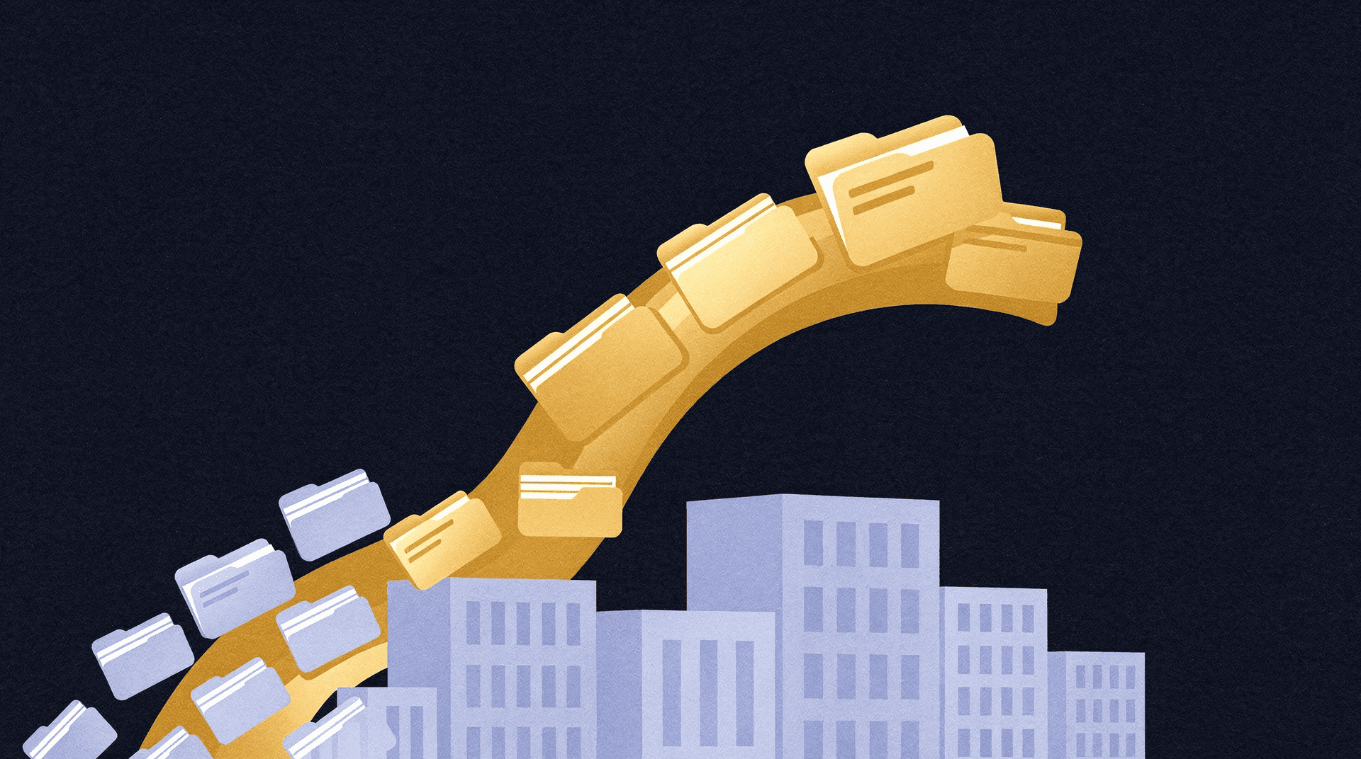 Digital illustration of golden folders moving along a curved path over light blue buildings against a dark blue background.