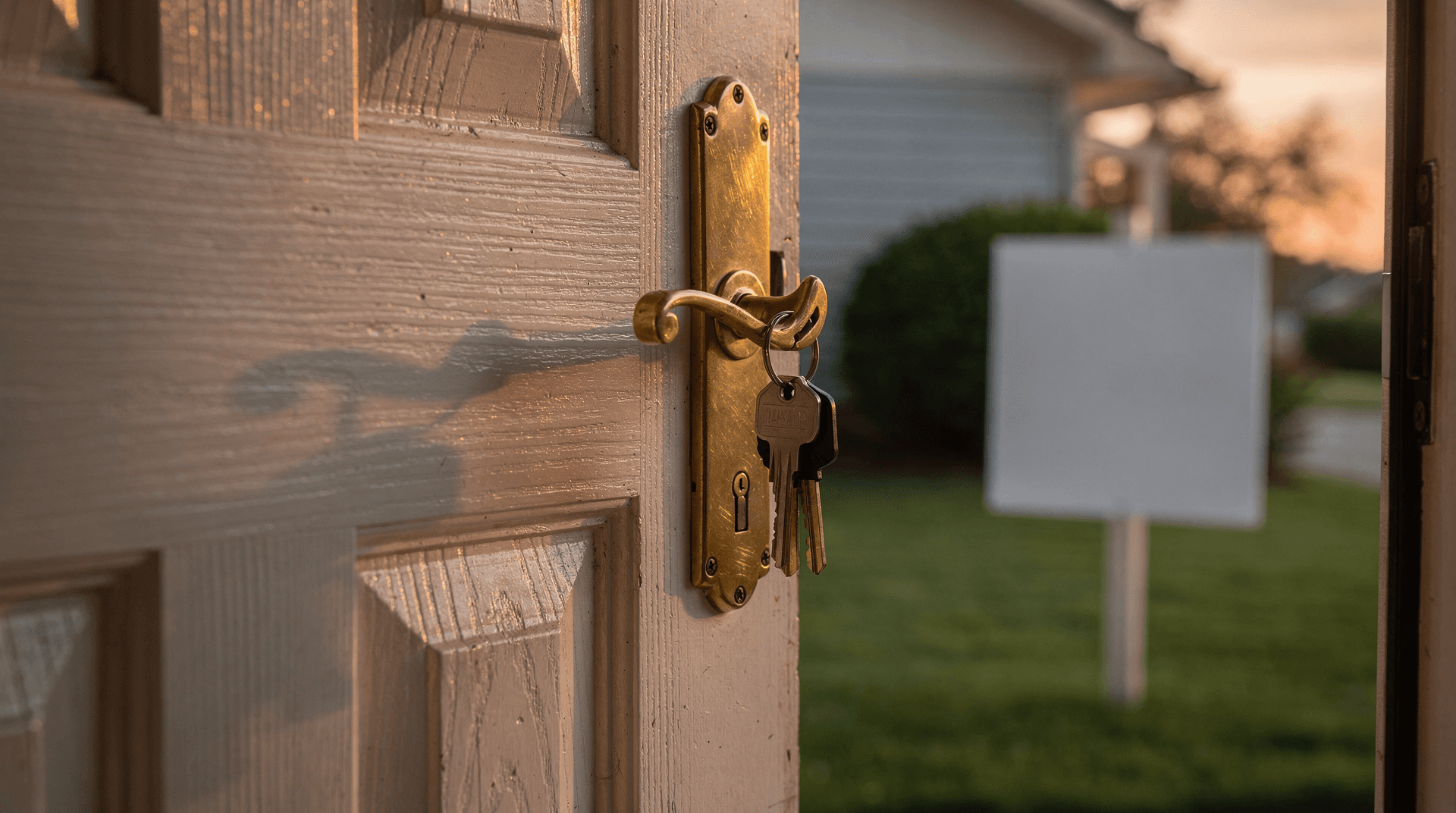 House keys hanging in the unlocked front door of a suburban home with a blank real-estate yard sign on the lawn