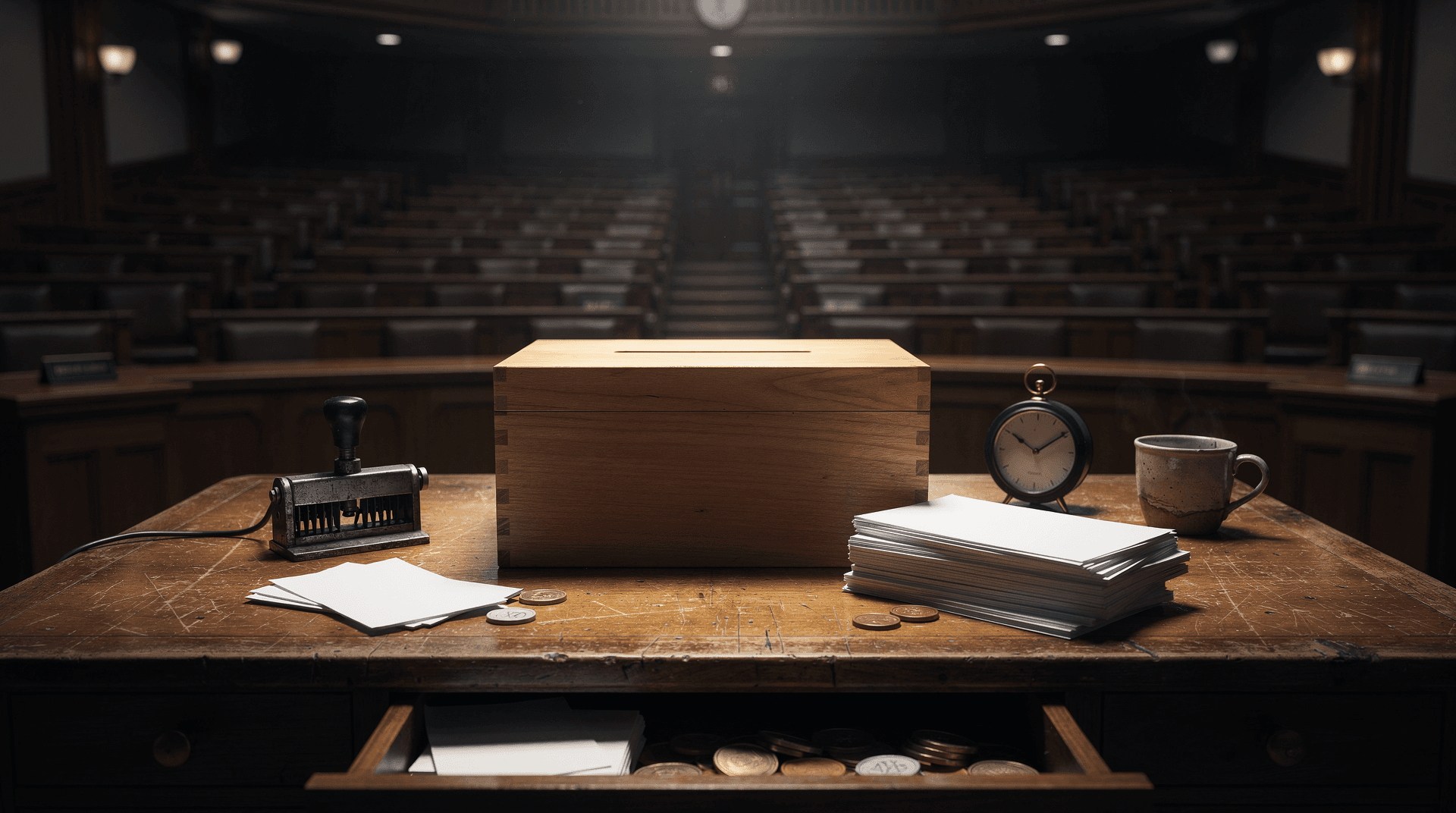 Empty rows of seats in a grand legislative chamber with a lit ballot box in the foreground